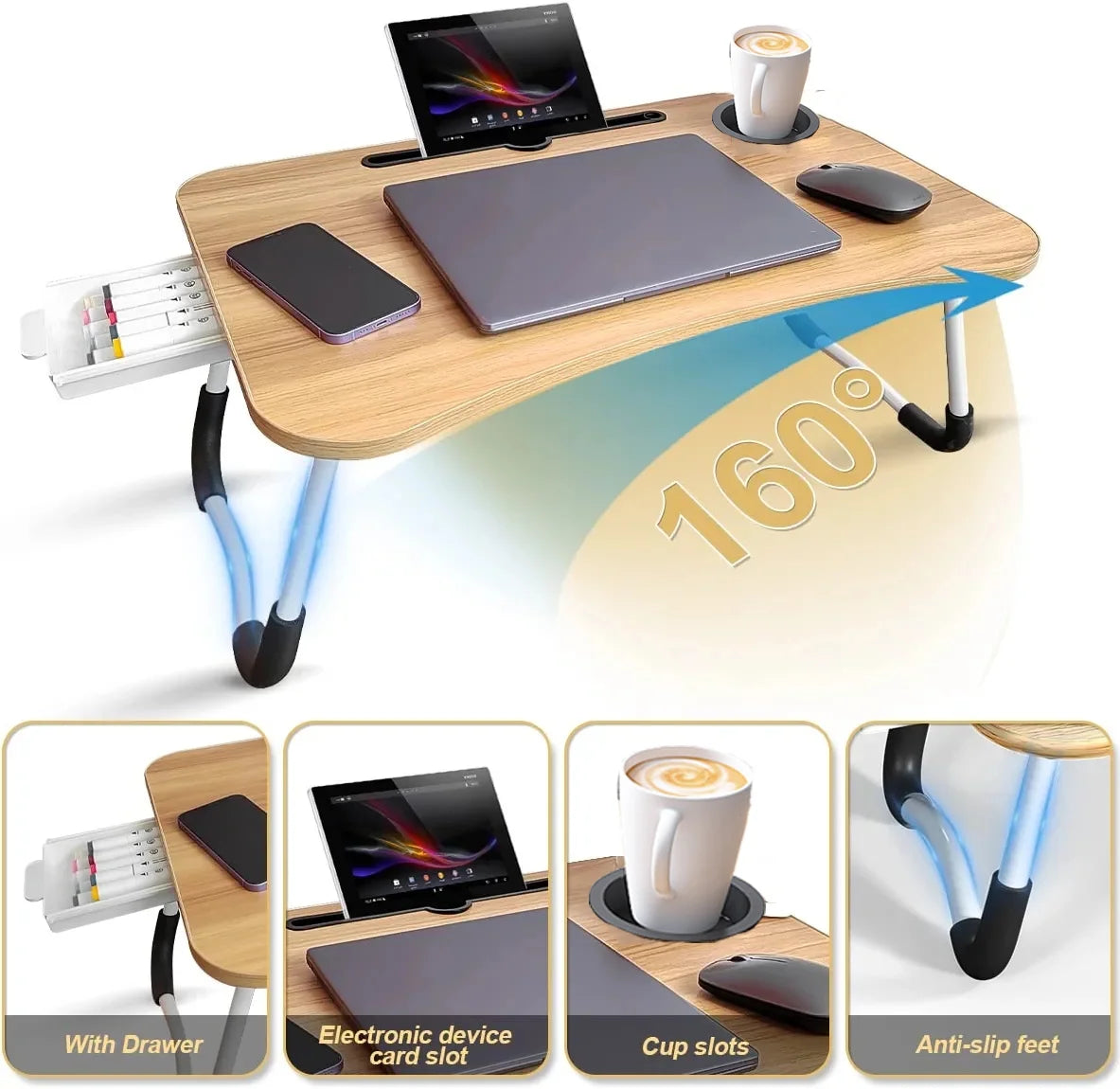 PHANCIR Escritorio Plegable Para Regazo, Mesa Portátil De Madera Para Laptop De 23.6 Pulgadas, Organizador De Oficina Para Espacio De Trabajo, Bandeja Para Cama Y Sofá Con Ranuras/Portavasos/Cajón, Antideslizante Para Leer Escribir Comer Ver, Nogal