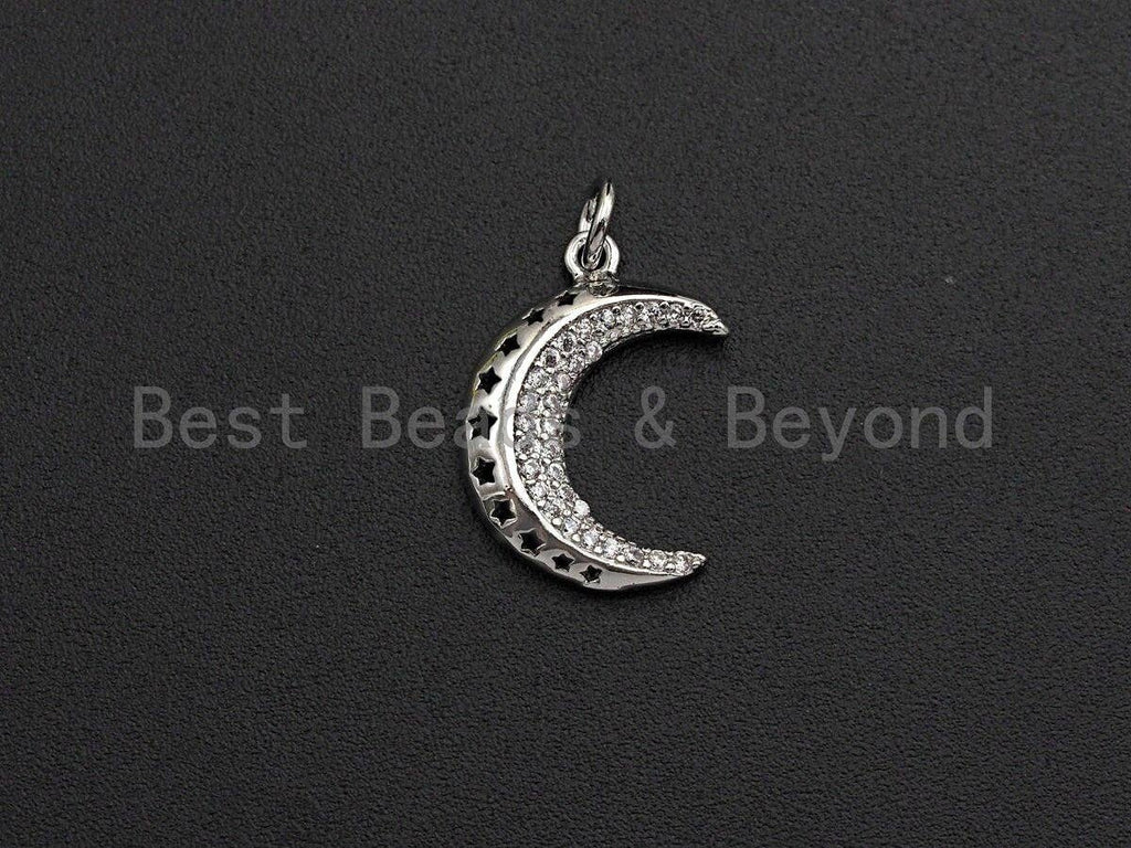 CZ Micro Pave Crescent Moon Star Hollow Out Pendant, Cubic Zirconia Pendant, Silver/Gold/Rose Gold/Black Tone,13x19mm, Sku#Z484