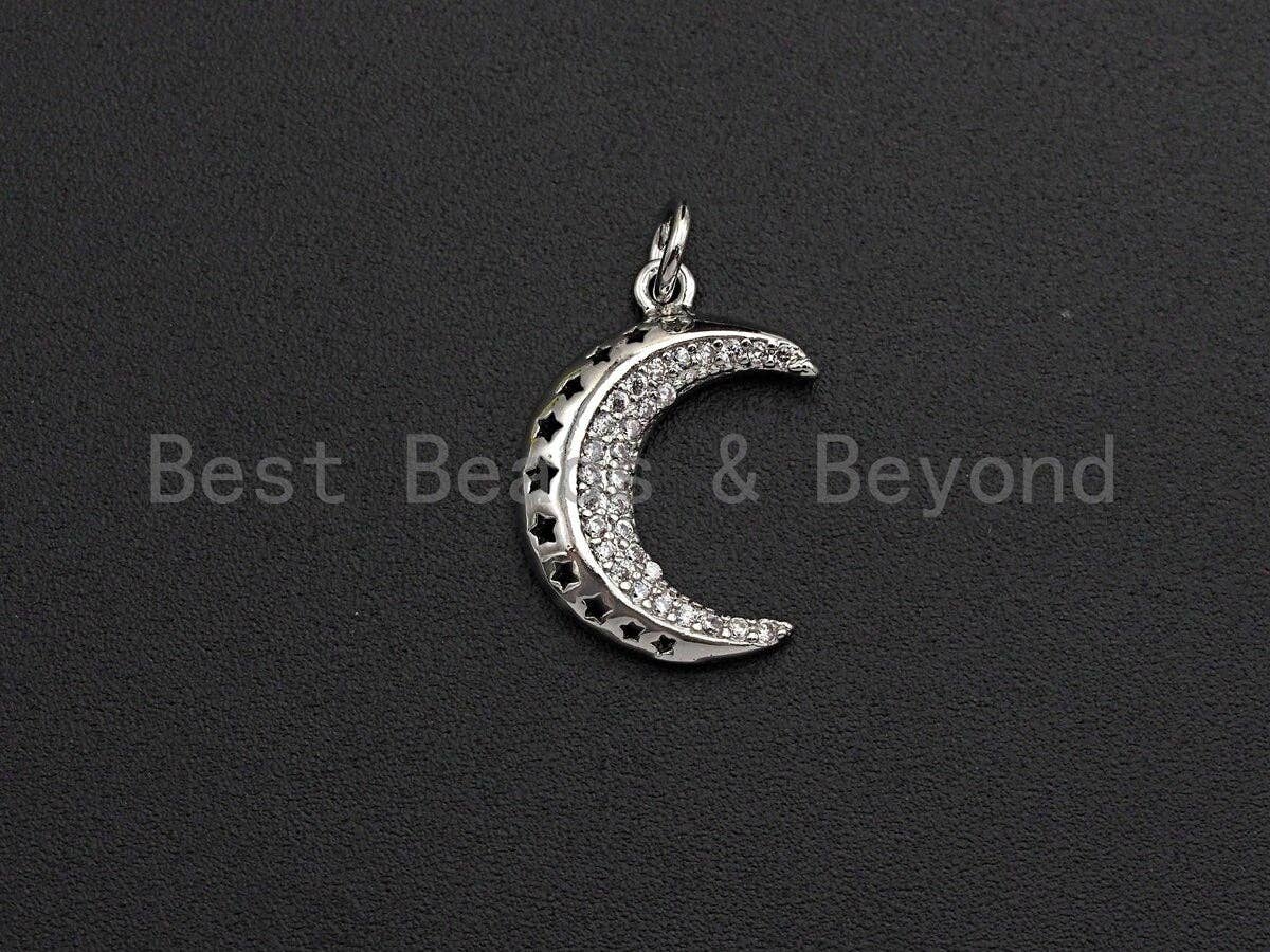 CZ Micro Pave Crescent Moon Star Hollow Out Pendant, Cubic Zirconia Pendant, Silver/Gold/Rose Gold/Black Tone,13x19mm, Sku#Z484