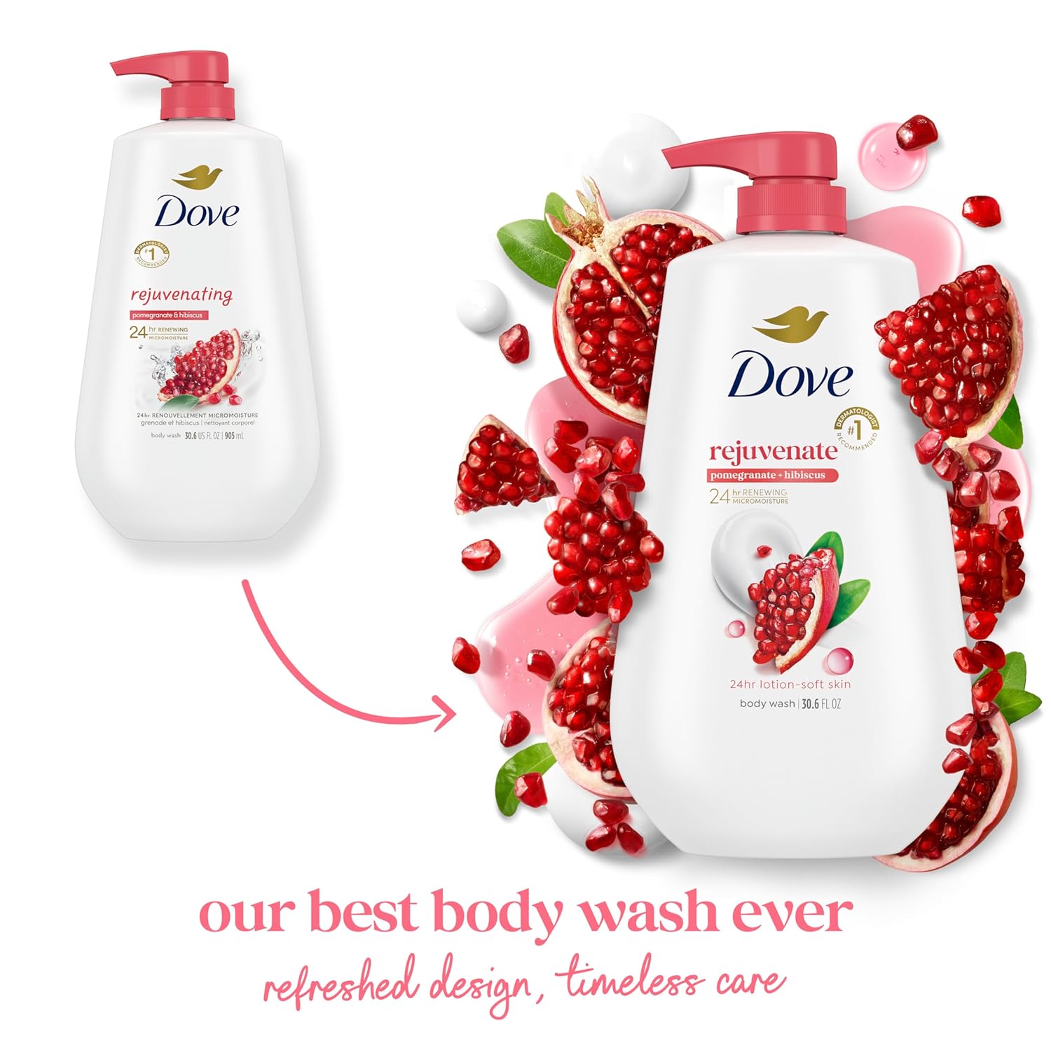 Pain lavant Dove au marc de pompe, grenade et hibiscus pour une peau douce et hydratée pendant 24 h, nettoyant hydratant pour la peau sans sulfates ni parabènes 30,6 oz