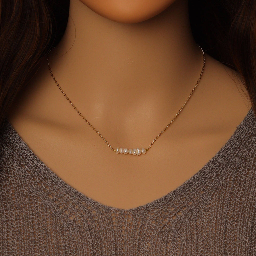 Gold Silver Dainty Roundelle Freshwater Pearl Necklace, Sku#EF456