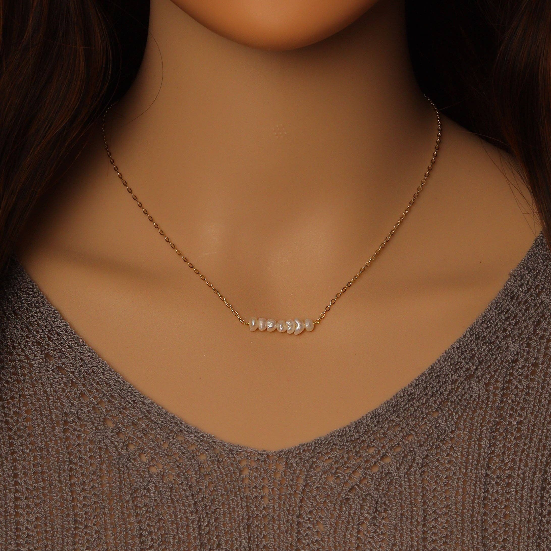 Gold Silver Dainty Roundelle Freshwater Pearl Necklace, Sku#EF456