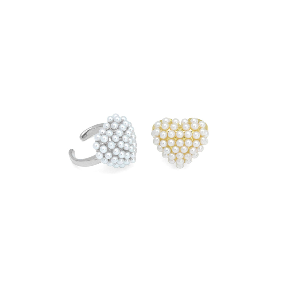 Silver Gold White Pearl Puffy Heart Statement Adjustable Ring, Sku#A448
