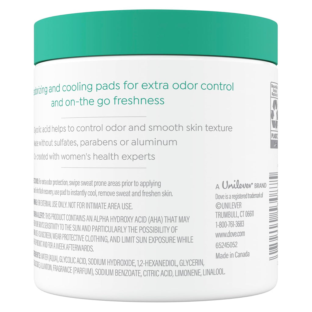 Lingettes nettoyantes Dove Body Wash 60 tampons pour femmes, neutralisent les odeurs et exfolient en douceur pour affiner le grain de peau.