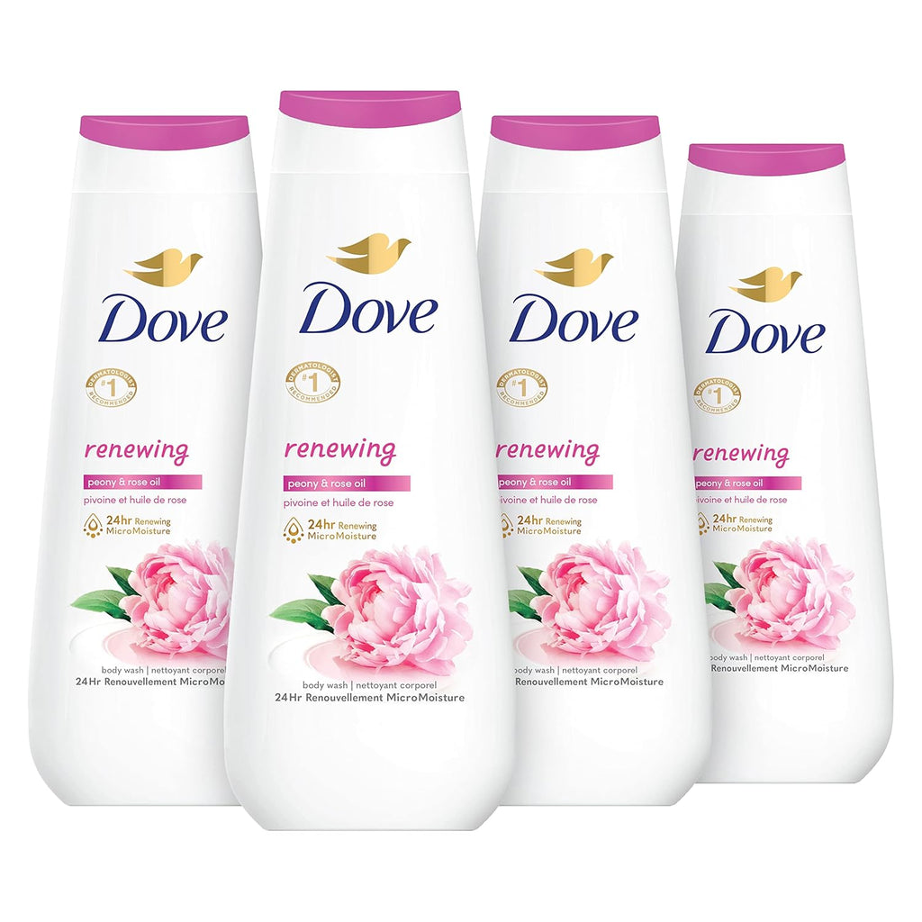 Gel douche Dove, lot de 4, Pivoine régénérante et huile de rose pour une peau renouvelée et d'apparence saine, nettoyant doux avec MicroHydratation régénérante 24h, 591 ml