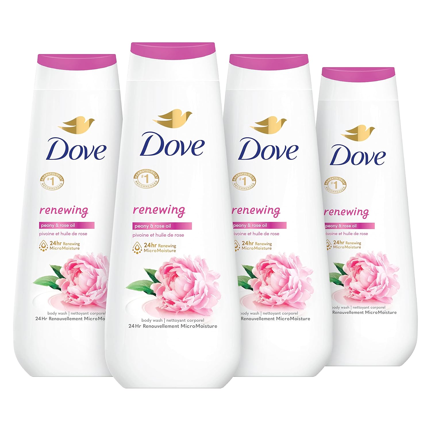 Gel douche Dove, lot de 4, Pivoine régénérante et huile de rose pour une peau renouvelée et d'apparence saine, nettoyant doux avec MicroHydratation régénérante 24h, 591 ml