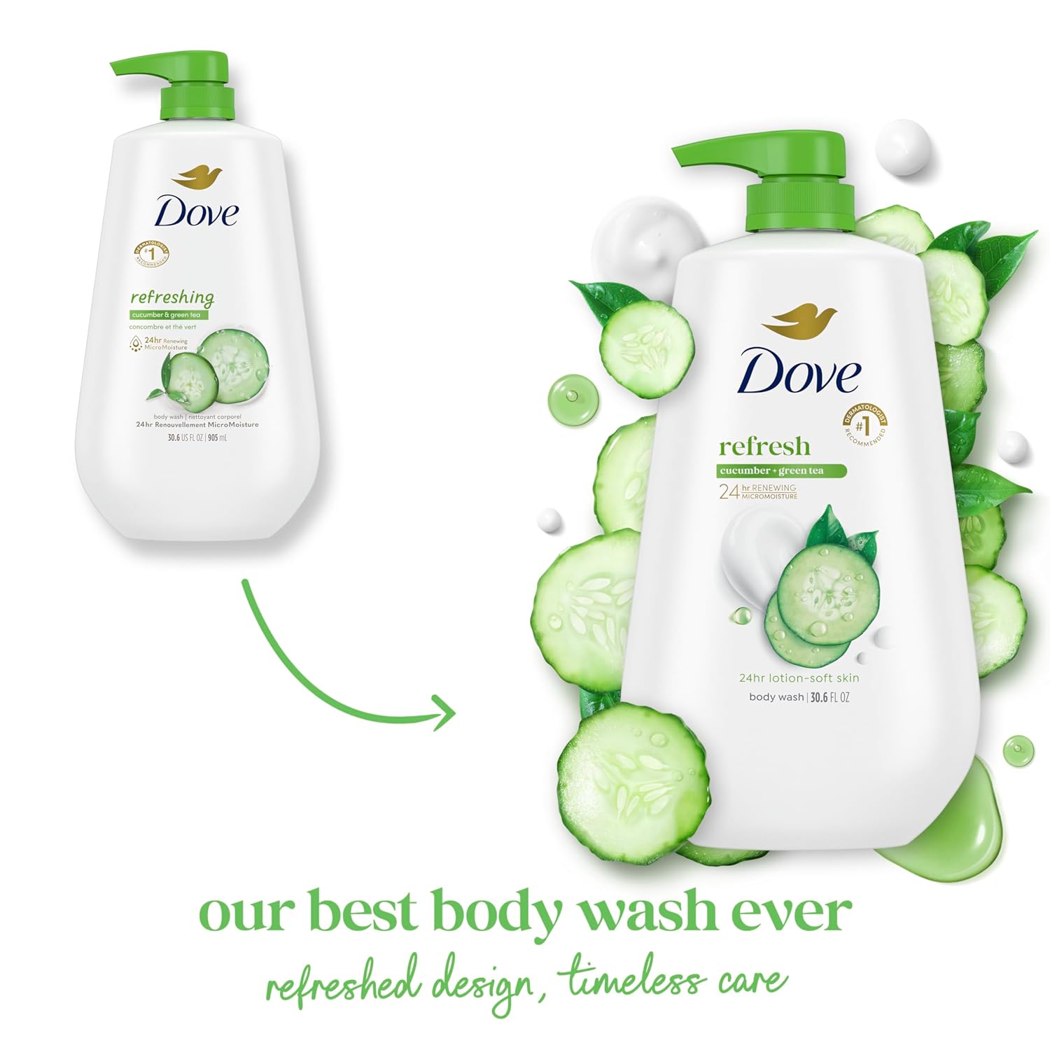 Nettoyant corporel Dove avec pompe, lot de 3, Concombre et thé vert rafraîchissant pour une peau douce comme hydratée pendant 24 h, nettoyant hydratant pour la peau sans sulfates ni parabènes