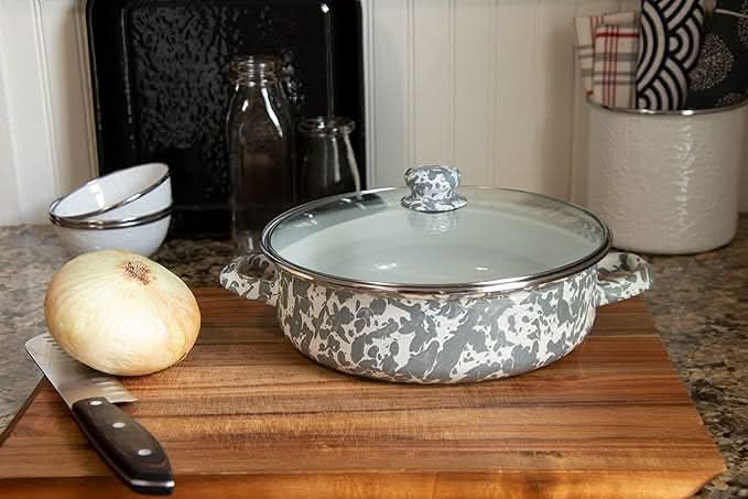 Golden Rabbit Non-Stick Enamelware 3 qt Saute Pan with Lid - Grey Swirl