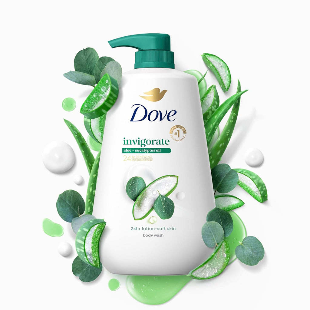 Gel douche Dove avec pompe Vivifiant Aloès & Eucalyptus pour une peau douce comme une lotion pendant 24h Nettoyant hydratant sans sulfates ni parabènes 907 g