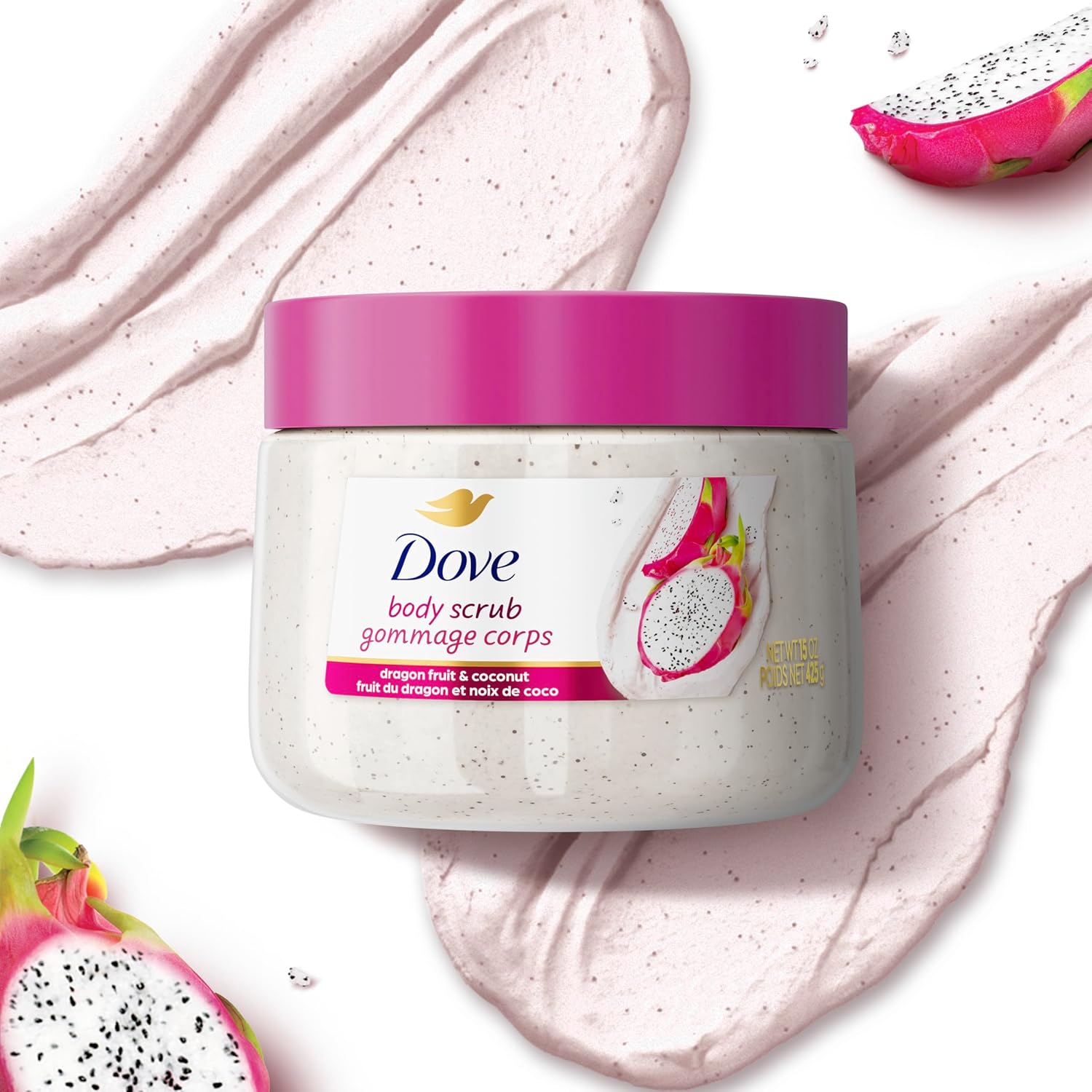 Gommage corps Dove aux extraits de fruit du dragon et crème de coco, exfolie et nourrit en profondeur pour une peau lisse et éclatante, 425 g