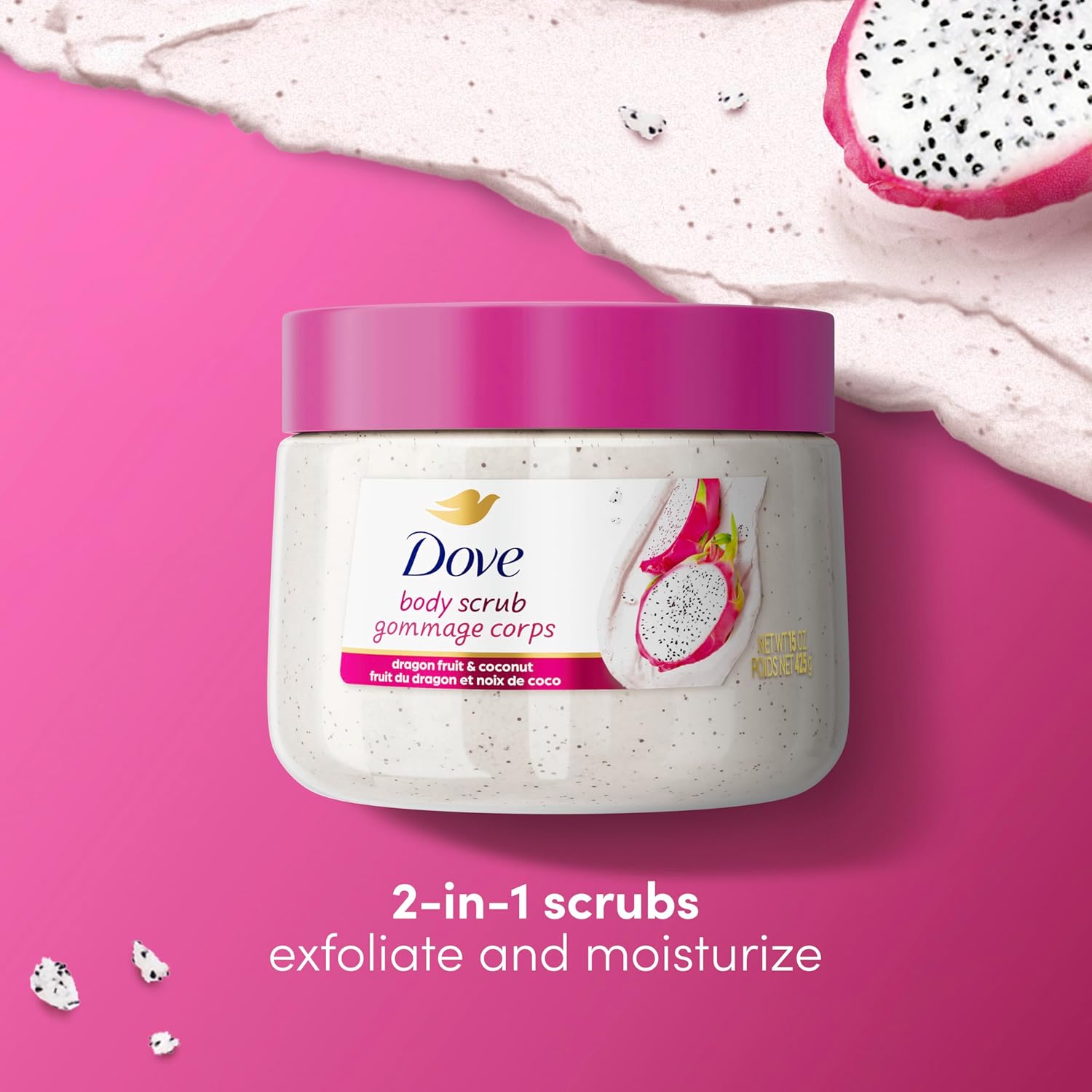 Gommage corps Dove aux extraits de fruit du dragon et crème de coco, exfolie et nourrit en profondeur pour une peau lisse et éclatante, 425 g