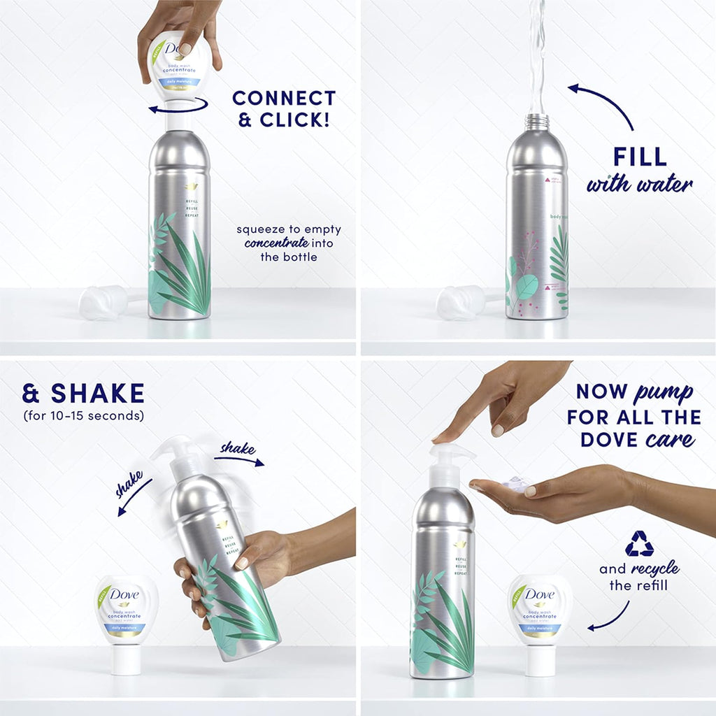 Kit de démarrage Bouteille réutilisable en aluminium et Recharge de concentré (2x) de gel douche Dove pour une peau douce instantanément, karité et vanille chaude pour le soin de la peau et une nutrition durable, 118 ml (donne 472 ml)