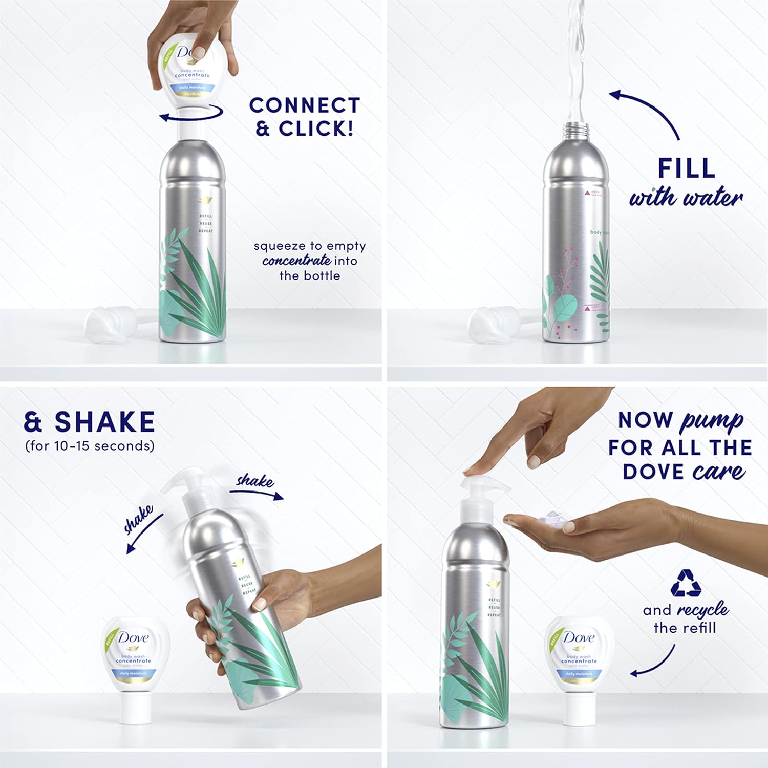 Kit de démarrage Bouteille réutilisable en aluminium et Recharge de concentré (2x) de gel douche Dove pour une peau douce instantanément, karité et vanille chaude pour le soin de la peau et une nutrition durable, 118 ml (donne 472 ml)