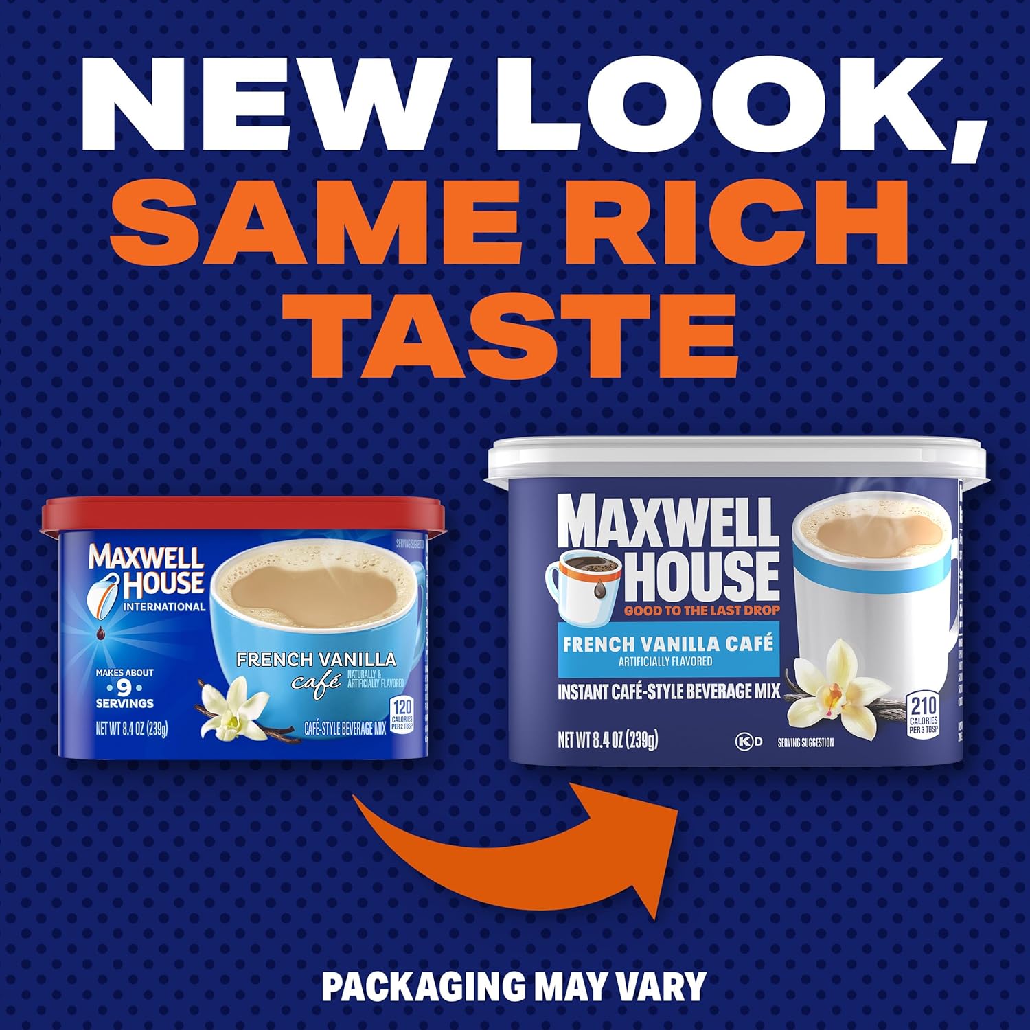 Préparation instantanée pour boisson de style café Maxwell House, facile à préparer, 1 boîte, pour un café rapide le matin ou une gâterie l'après-midi, café vanille française, produits laitiers casher, 238 g