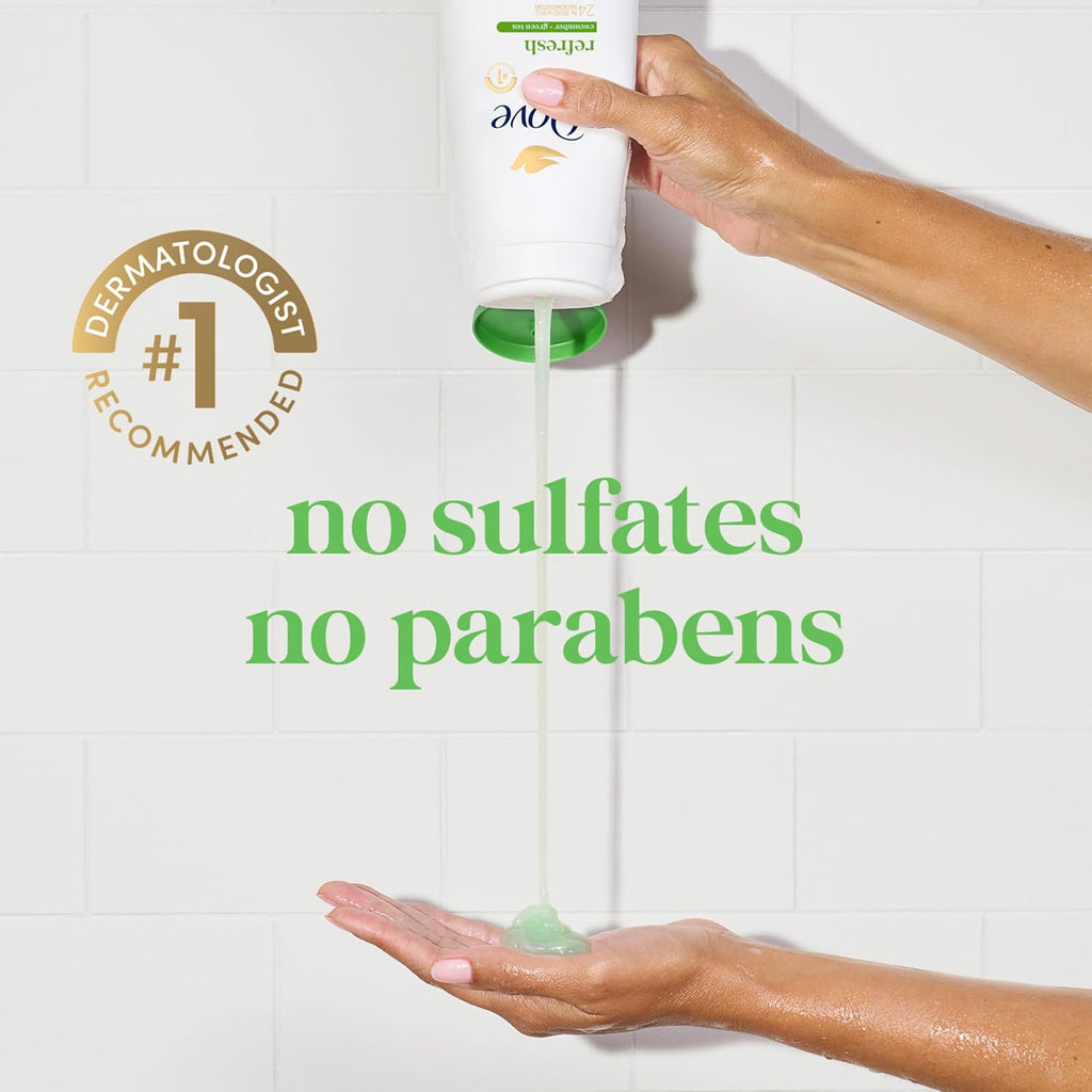 Nettoyant corporel Dove avec pompe, lot de 3, Concombre et thé vert rafraîchissant pour une peau douce comme hydratée pendant 24 h, nettoyant hydratant pour la peau sans sulfates ni parabènes