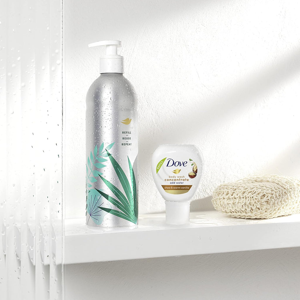Kit de démarrage Bouteille réutilisable en aluminium et Recharge de concentré (2x) de gel douche Dove pour une peau douce instantanément, karité et vanille chaude pour le soin de la peau et une nutrition durable, 118 ml (donne 472 ml)