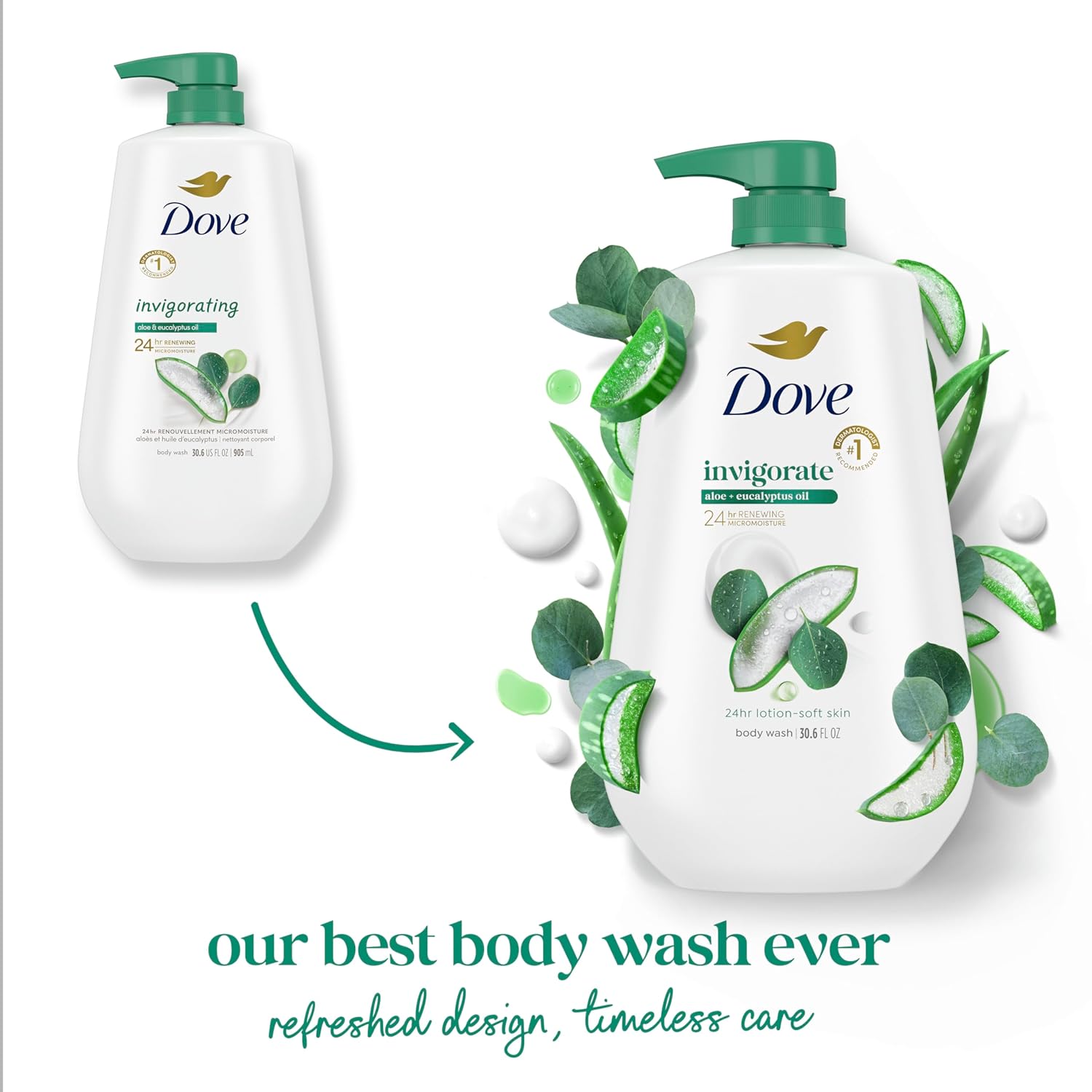 Gel douche Dove avec pompe Vivifiant Aloès & Eucalyptus pour une peau douce comme une lotion pendant 24h Nettoyant hydratant sans sulfates ni parabènes 907 g