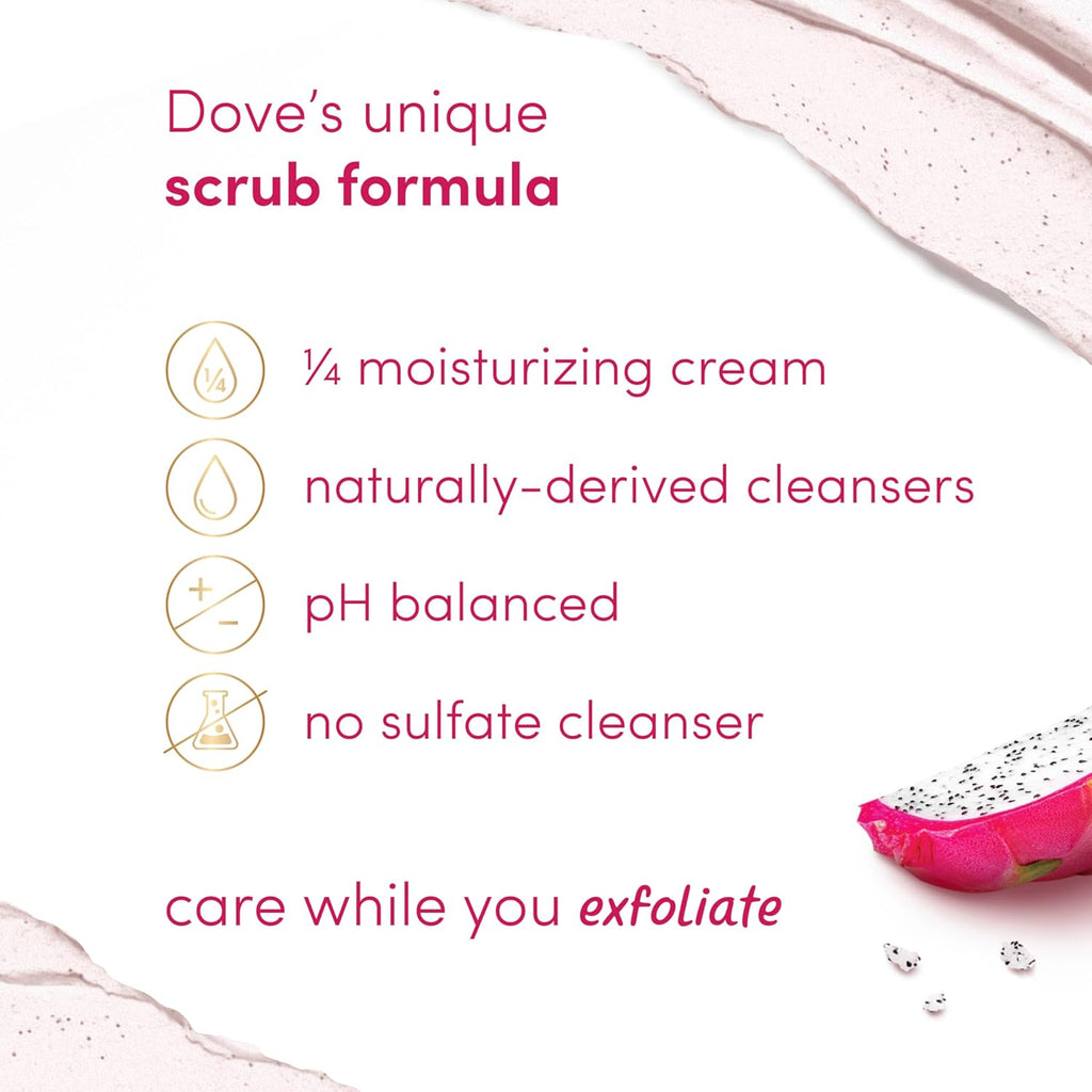 Gommage corps Dove aux extraits de fruit du dragon et crème de coco, exfolie et nourrit en profondeur pour une peau lisse et éclatante, 425 g