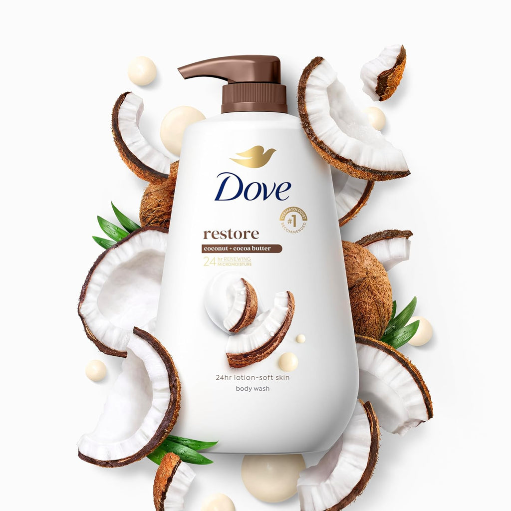 Gel douche Dove avec pompe, Beurre de coco et de cacao Restaurer pour une peau douce comme une lotion pendant 24 heures, nettoyant hydratant sans sulfates ni parabènes, 907 ml