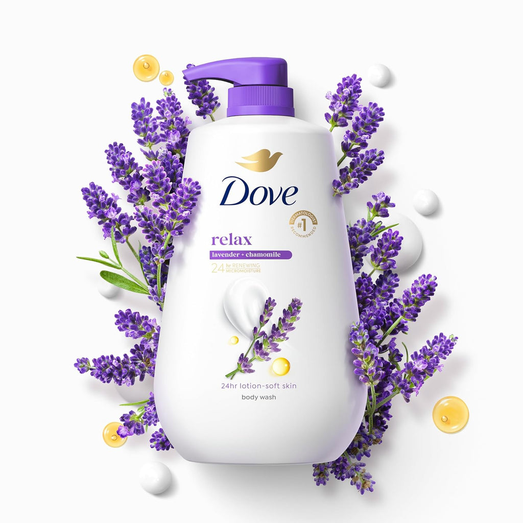 Gel douche Dove avec pompe, huile de lavande et camomille relaxantes, lot de 3 pour une peau régénérée et saine, nettoyant doux pour la peau avec MicroMoisture régénérant 24h, 867 g