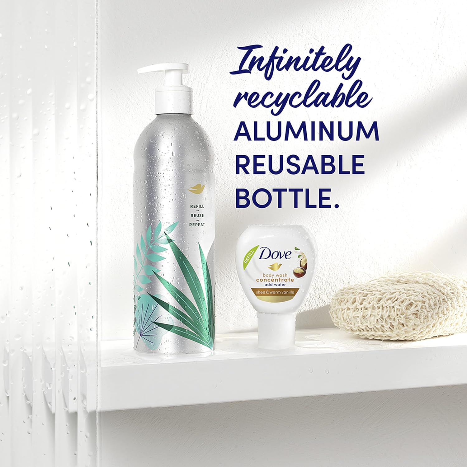 Kit de démarrage Bouteille réutilisable en aluminium et Recharge de concentré (2x) de gel douche Dove pour une peau douce instantanément, karité et vanille chaude pour le soin de la peau et une nutrition durable, 118 ml (donne 472 ml)