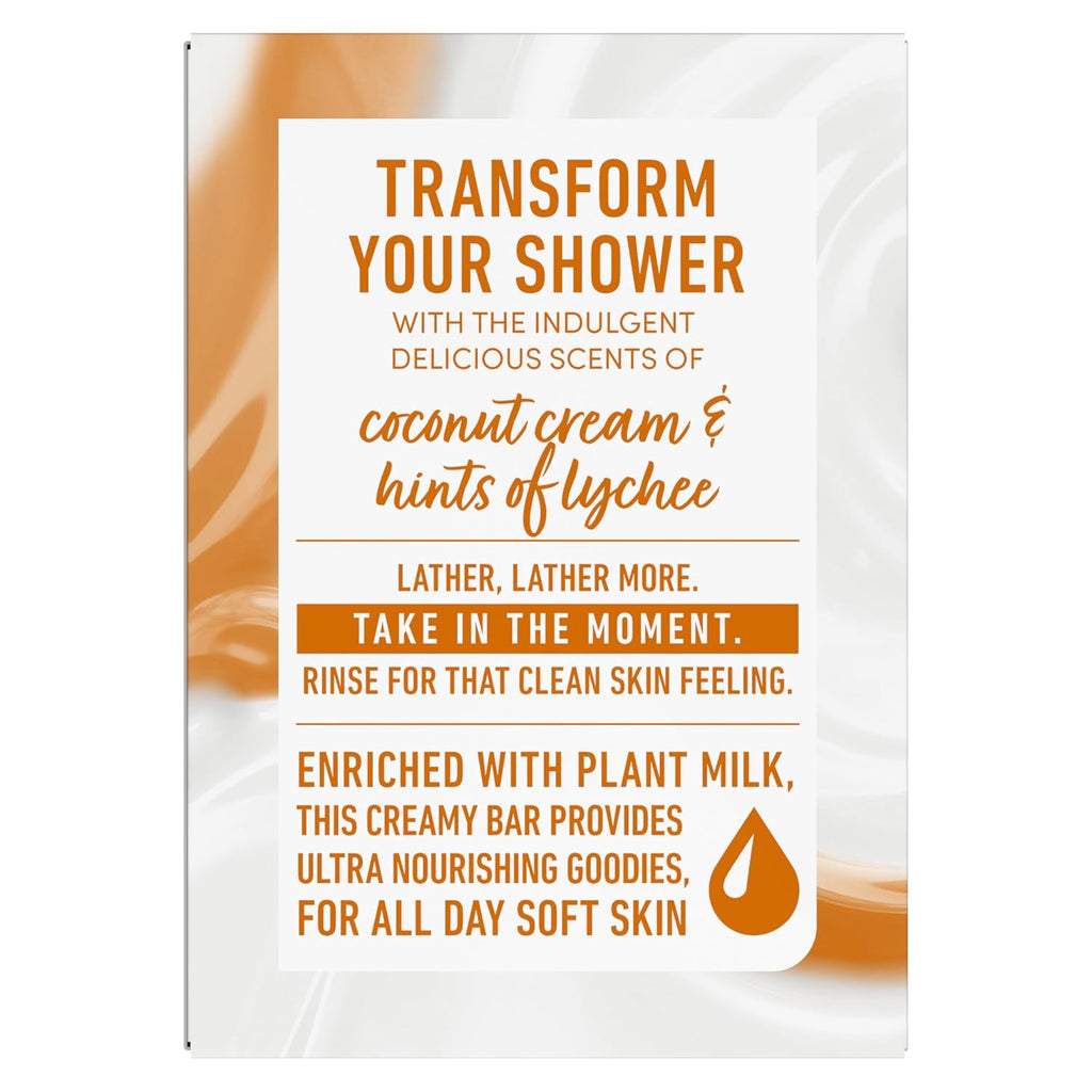 Pain de Toilette Solide Lait Végétal Noix de Coco & Sucre Litchi Revitalisant Douceur Dove, Lot de 4, pour une Peau Hydratée, Nettoyant Doux, Sans Sulfates ni Parabènes, Formule Biodégradable à 98%, 142 g