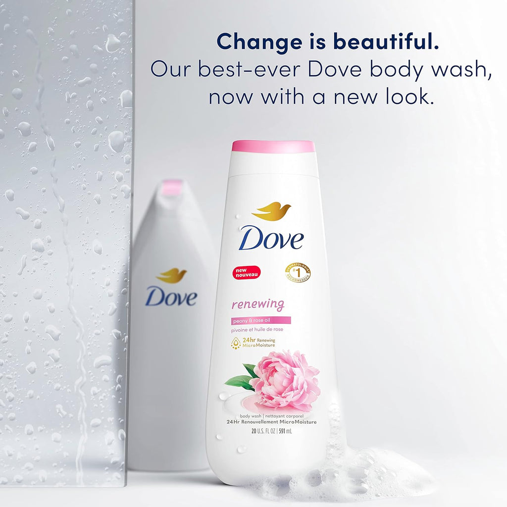 Gel douche Dove, lot de 4, Pivoine régénérante et huile de rose pour une peau renouvelée et d'apparence saine, nettoyant doux avec MicroHydratation régénérante 24h, 591 ml
