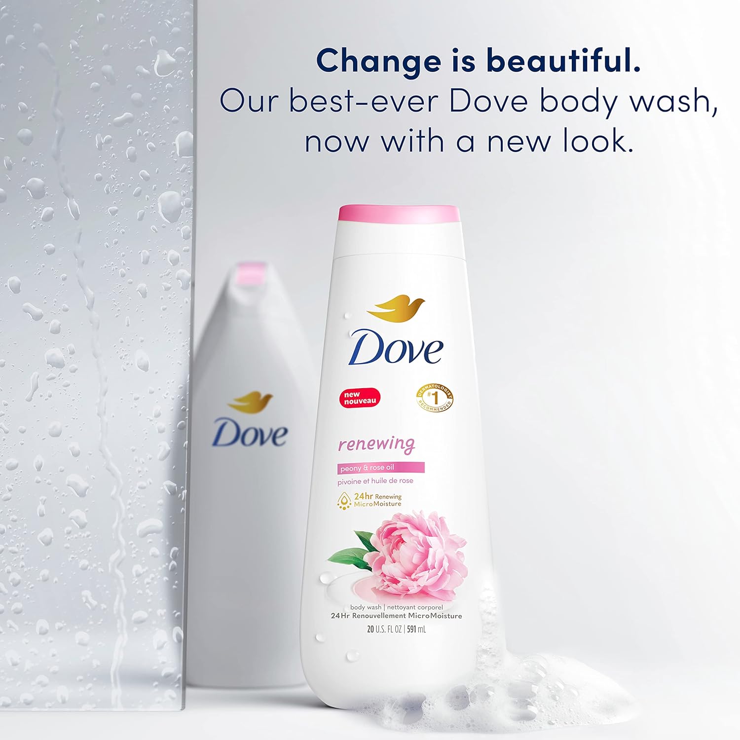 Gel douche Dove, lot de 4, Pivoine régénérante et huile de rose pour une peau renouvelée et d'apparence saine, nettoyant doux avec MicroHydratation régénérante 24h, 591 ml