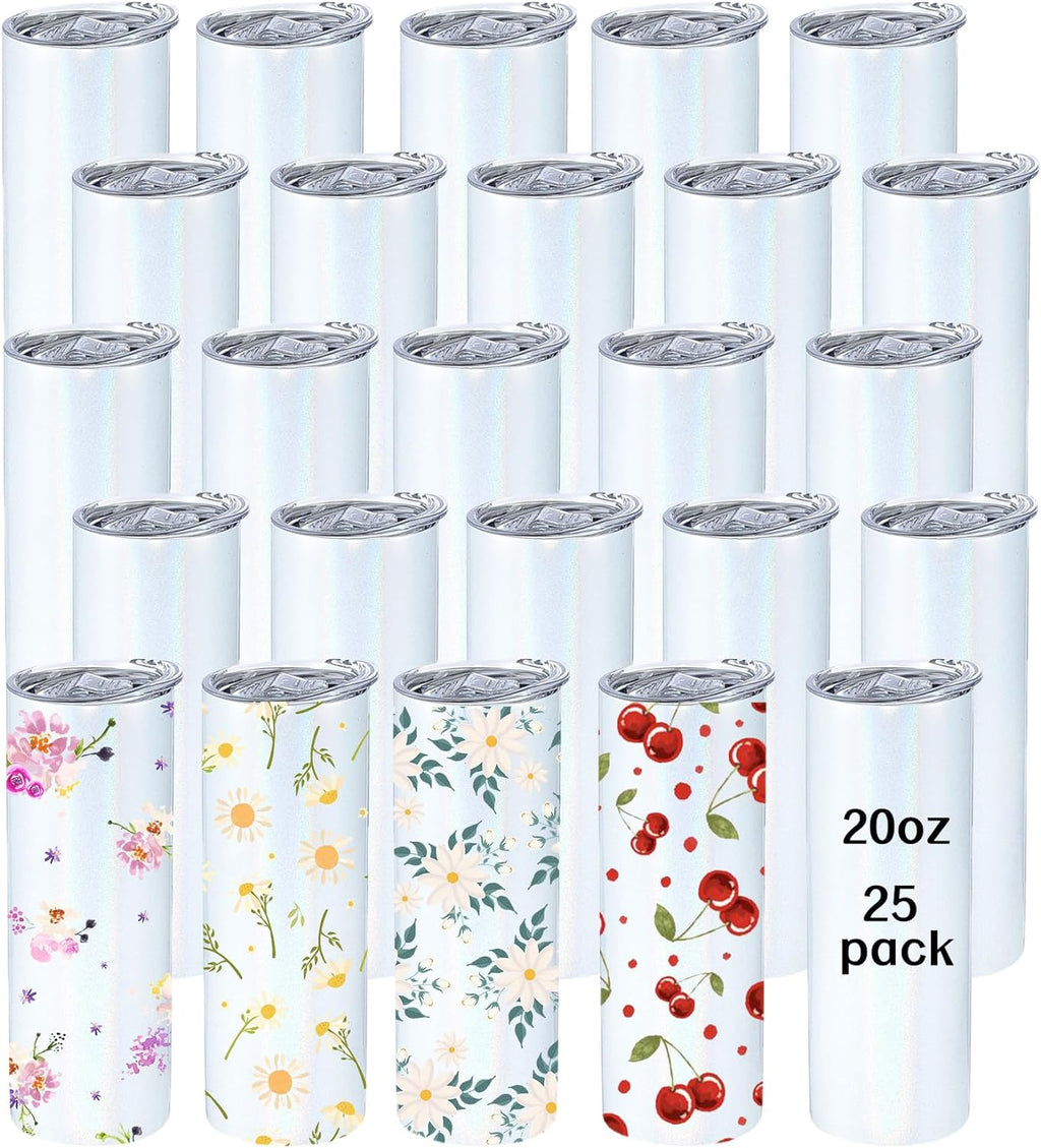 Lot de 25 gobelets droits vierges en acier inoxydable à paillettes holographiques de 20 oz pour sublimation avec paille et boîte