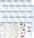 Lot de 25 gobelets droits vierges en acier inoxydable à paillettes holographiques de 20 oz pour sublimation avec paille et boîte