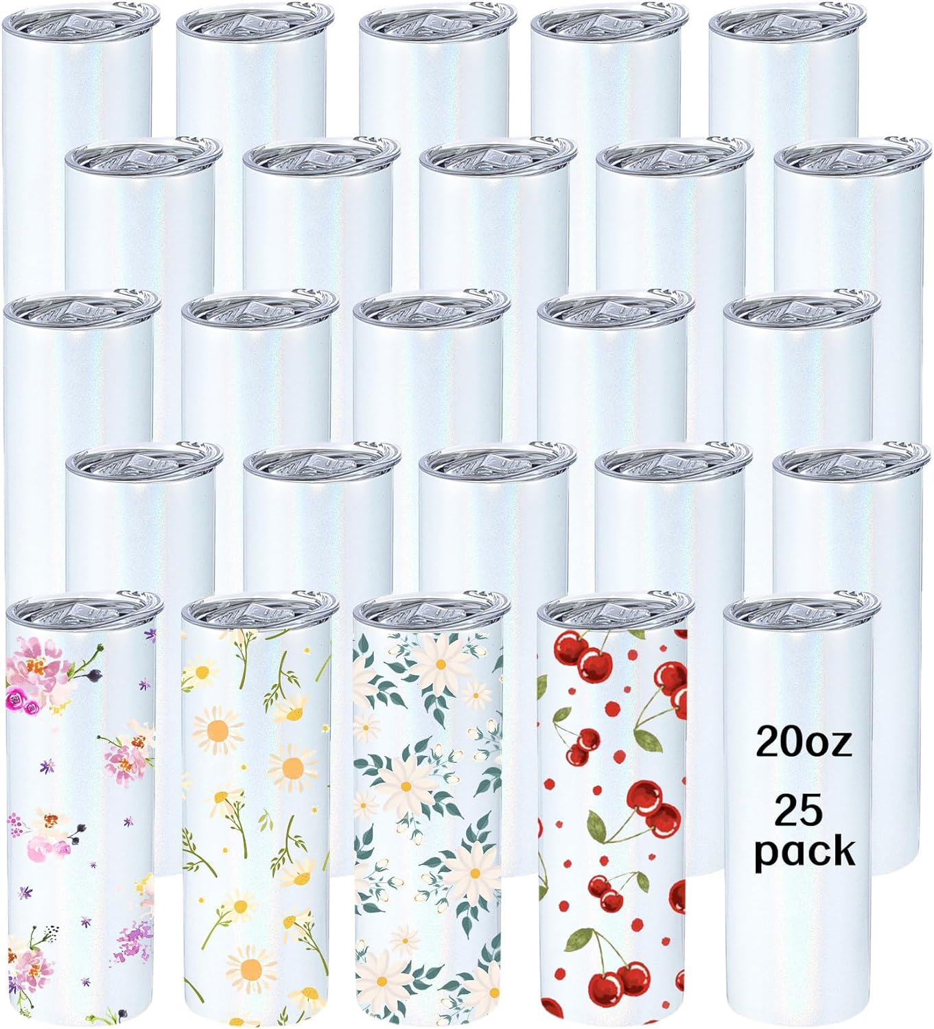 Lot de 25 gobelets droits vierges en acier inoxydable à paillettes holographiques de 20 oz pour sublimation avec paille et boîte