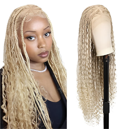Perruque tressée bohème 32" | Ombré blond | Tresses carrées & boucles de déesse | Lace complète | Tresses collées | Cheveux synthétiques