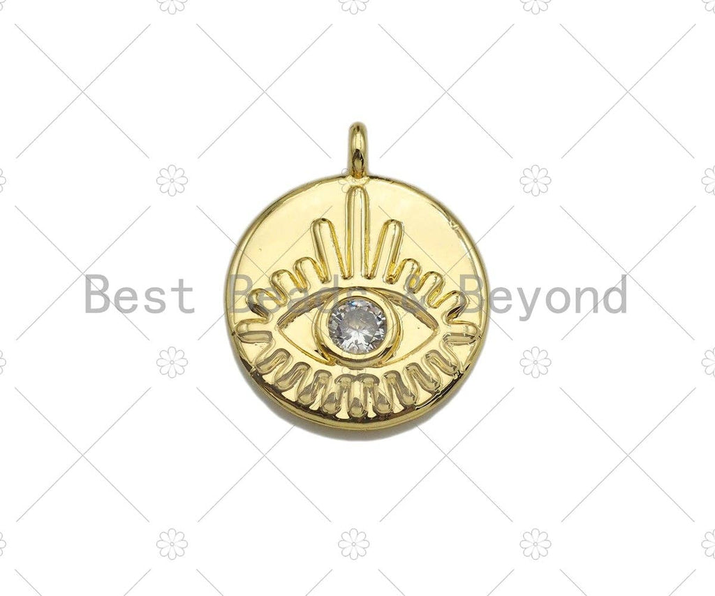 Clear CZ Micro Pave Evil Eye on Disc Pendant/Charm, Lucky Eye Cubic Zirconia Pendant, Real Gold Plated Charm Pendant,15x18mm,Sku#L304