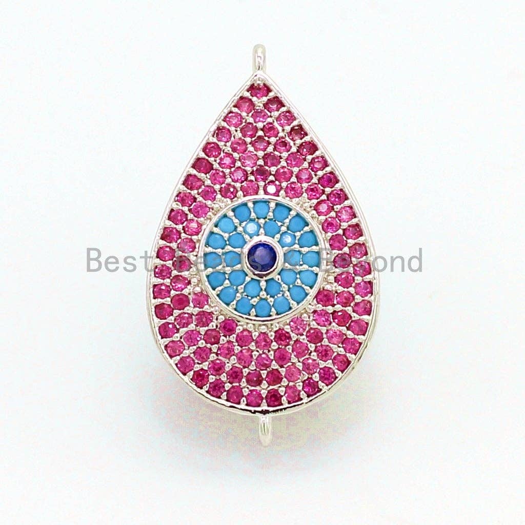 CZ Micro Pave Fuchsia Teardrop Connector with Turquoise Evil Eye for Bracelet/Necklace, Cubic Ziroconia Space Connector, 15x27mm,sku#E26C