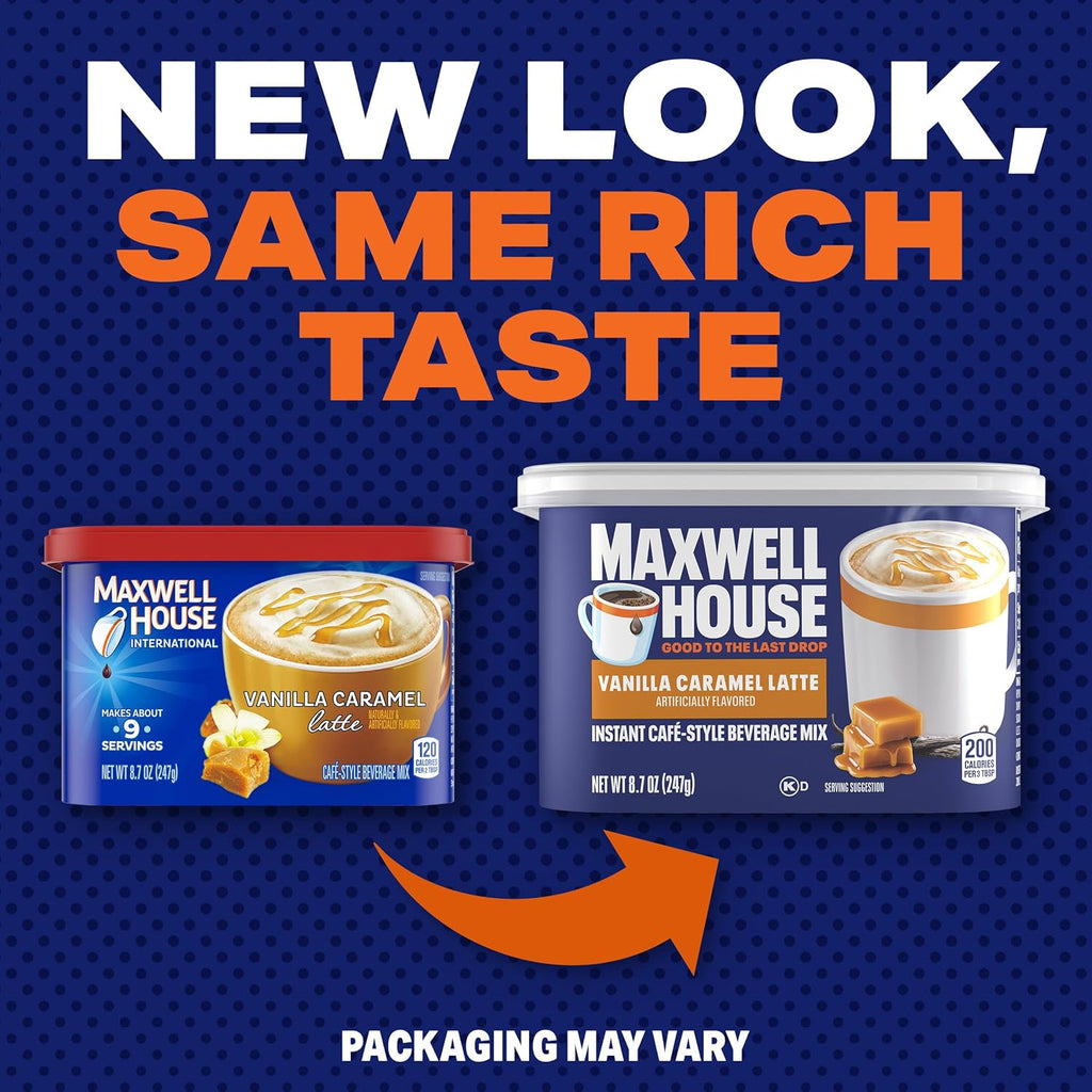Préparation pour boisson instantanée style café Maxwell House, facile à préparer, 1 boîte, pour un café rapide le matin ou une gâterie l'après-midi, Latté Vanille Caramel, casher laitier, 246 g