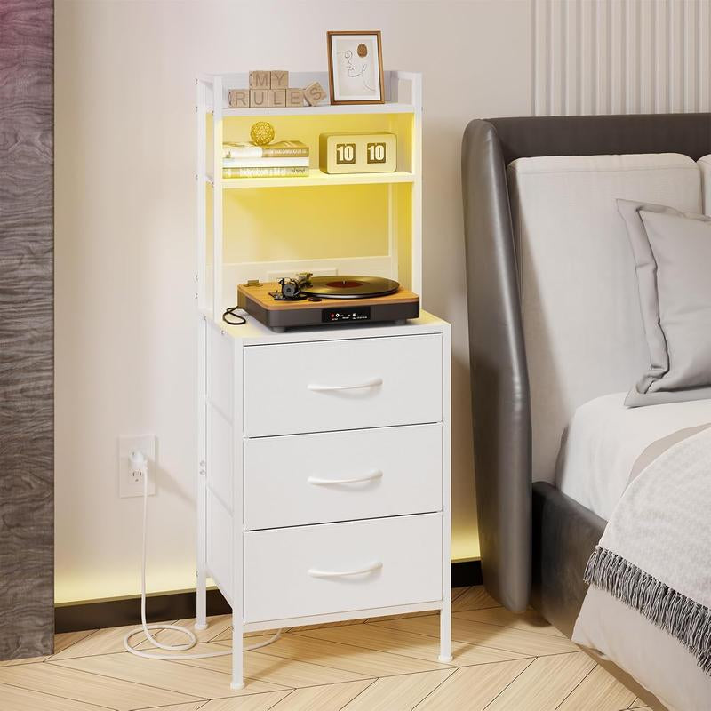 41 Inch Tall Nightstand with Charging Station, Led Night Stand with U-S-B Port & Socket, 3 PU Finished Fabric Storage Drawers, Office, Bedside Table & Bookshelf in One, Black