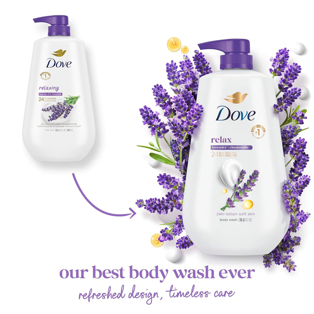 Gel douche Dove avec pompe, huile de lavande et camomille relaxantes, lot de 3 pour une peau régénérée et saine, nettoyant doux pour la peau avec MicroMoisture régénérant 24h, 867 g