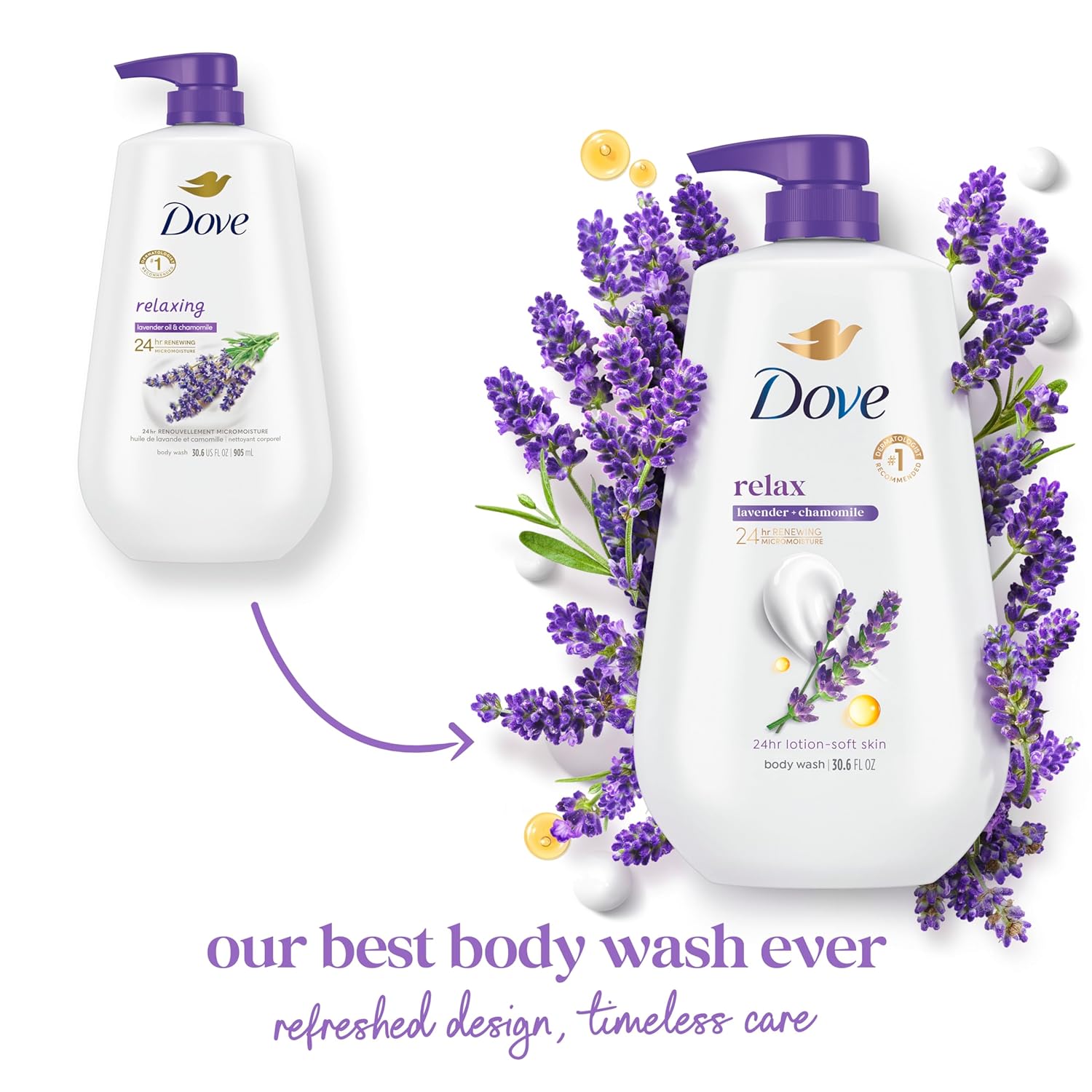 Gel douche Dove avec pompe, huile de lavande et camomille relaxantes, lot de 3 pour une peau régénérée et saine, nettoyant doux pour la peau avec MicroMoisture régénérant 24h, 867 g