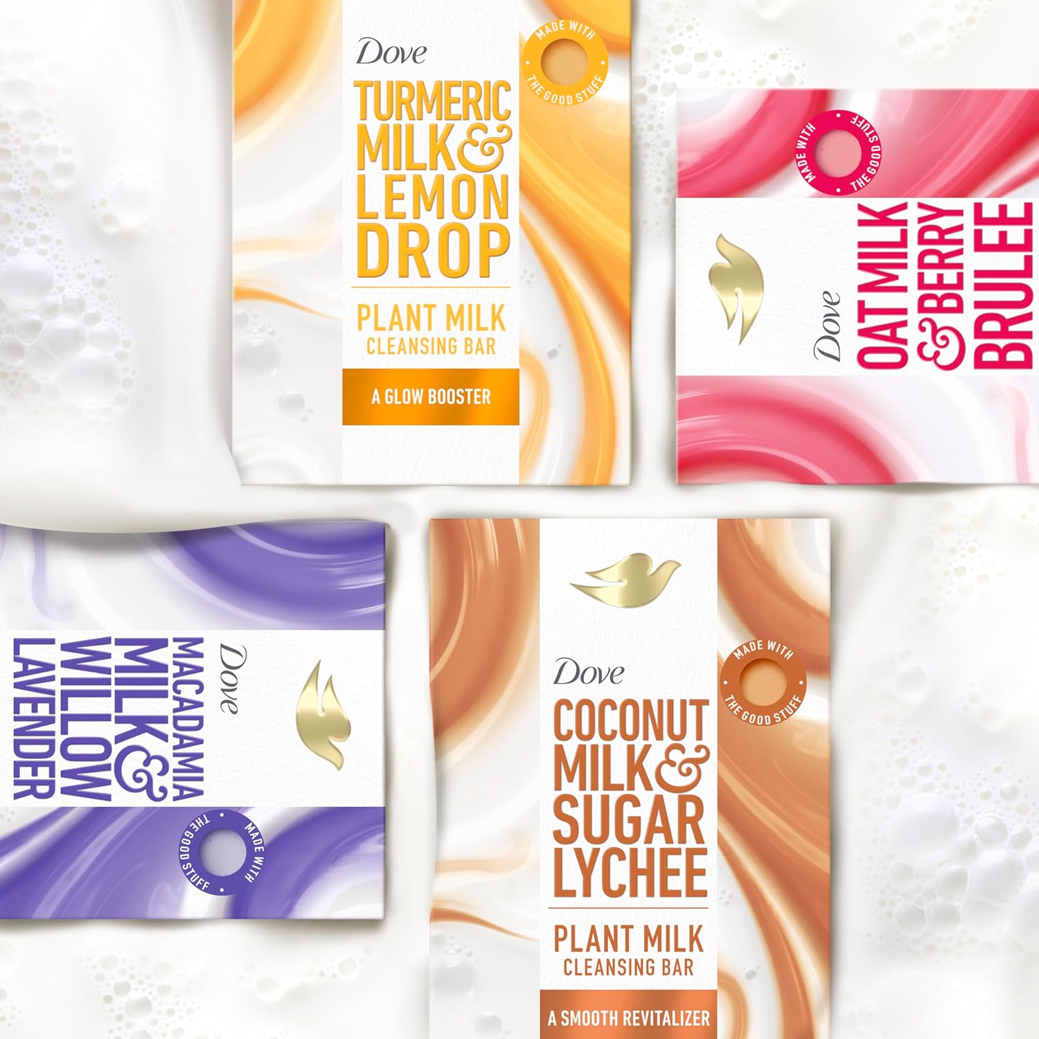 Pain de Toilette Solide Lait Végétal Noix de Coco & Sucre Litchi Revitalisant Douceur Dove, Lot de 4, pour une Peau Hydratée, Nettoyant Doux, Sans Sulfates ni Parabènes, Formule Biodégradable à 98%, 142 g
