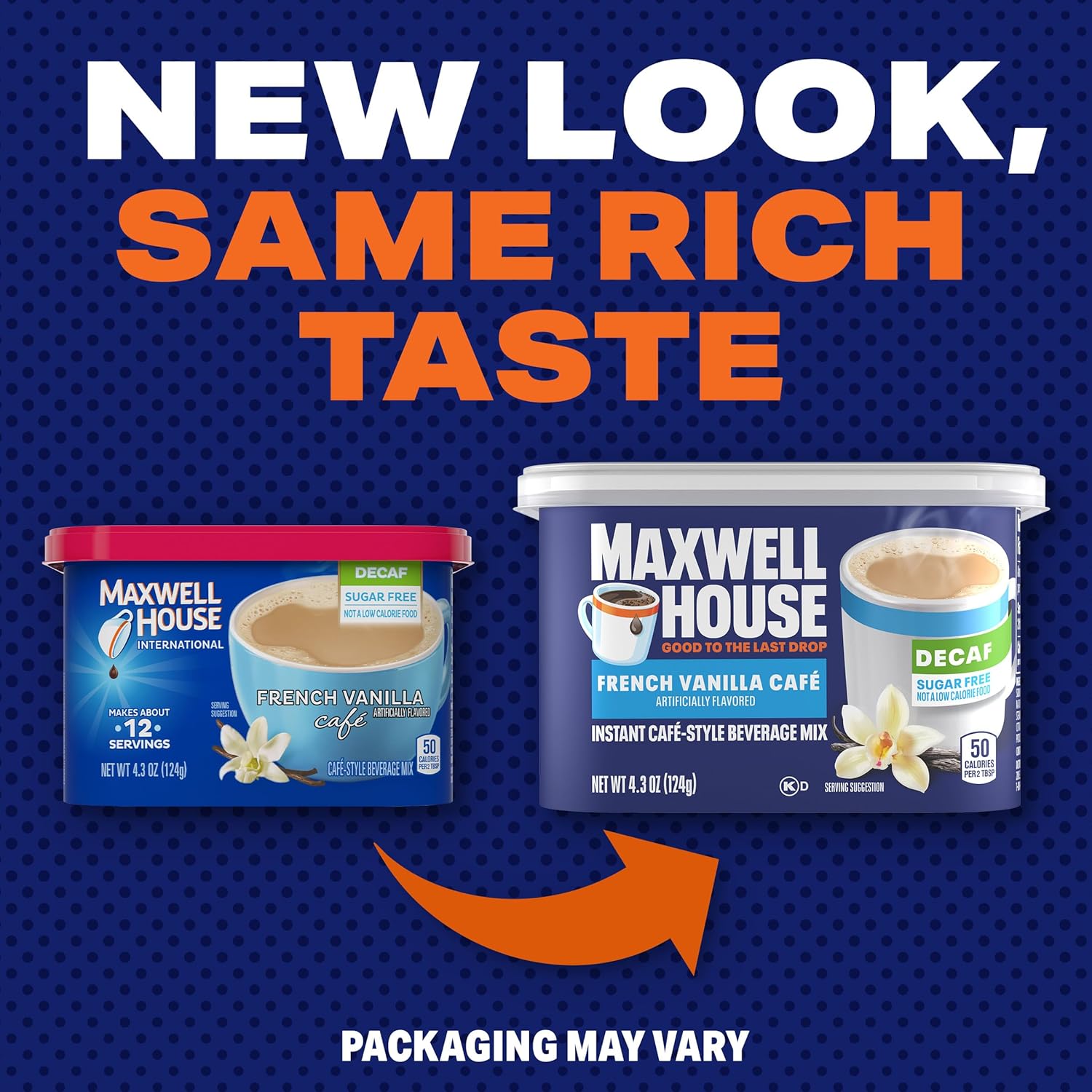 Maxwell House Préparation instantanée pour boisson de style café, décaféinée et sans sucre, facile à préparer, 1 boîte, pour un café rapide le matin ou une gâterie l'après-midi, café vanille française, produits laitiers casher, 121,9 g