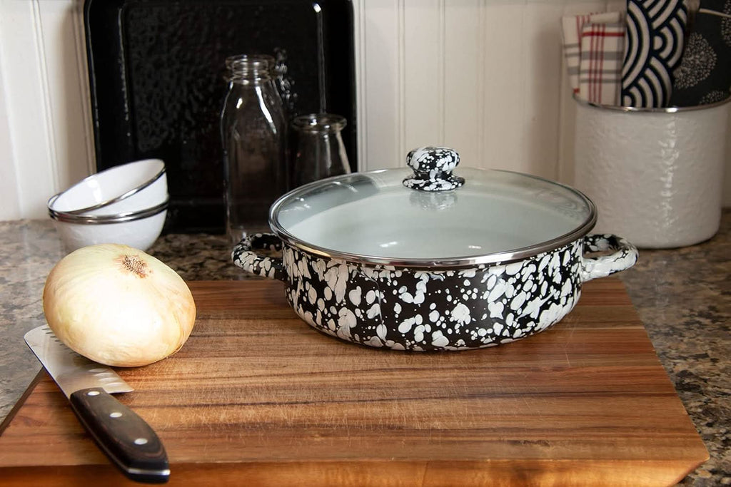 Golden Rabbit Non-Stick Enamelware 5 qt Saute Pan with Lid - Black Swirl