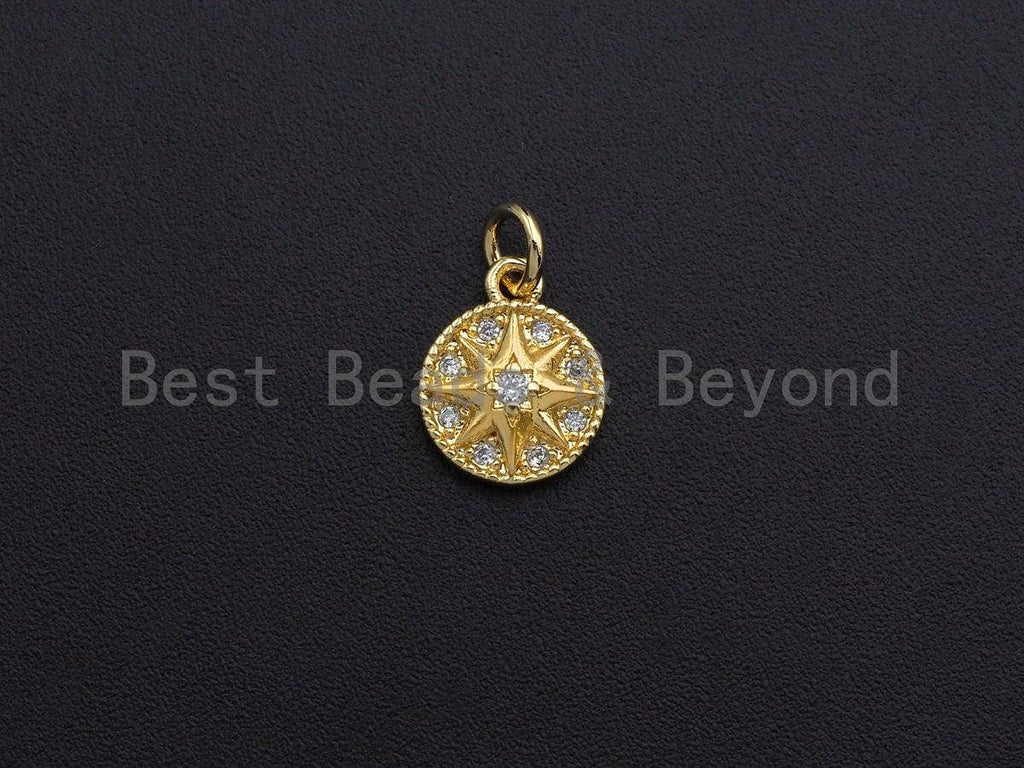 Clear CZ Micro Pave North Star Embossment On Round Coin Pendant Charm, Cubic Zirconia Charm, 9x11mm,sku#Z857