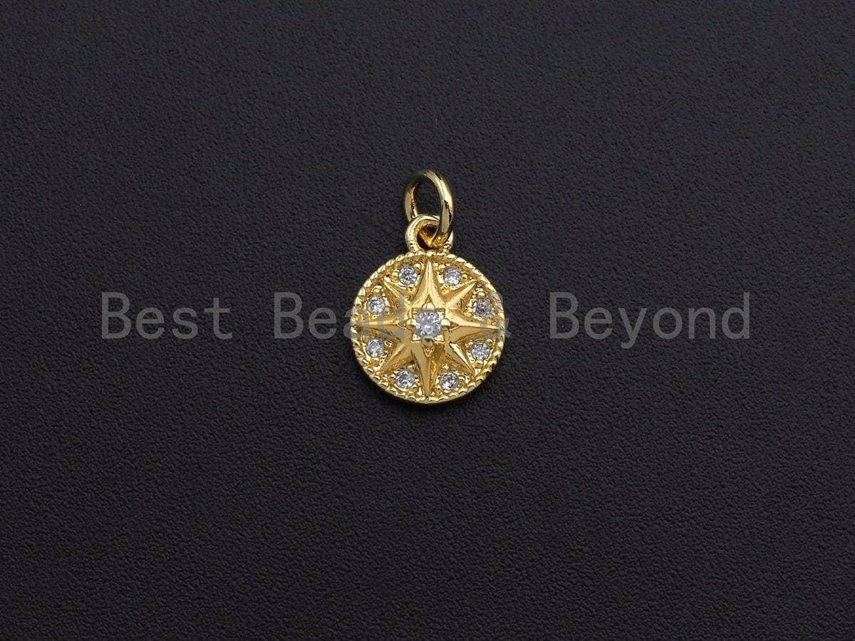 Clear CZ Micro Pave North Star Embossment On Round Coin Pendant Charm, Cubic Zirconia Charm, 9x11mm,sku#Z857