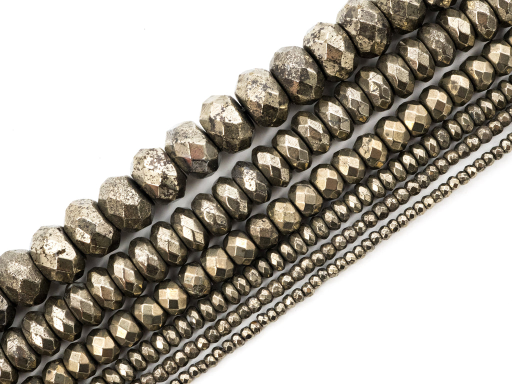 Quality Natural Faceted Pyrite Rondelle Beads,6x10mm/5x8mm/6x4mm/4x3mm/3x2mm, Pyrite Gemstone Beads, 15.5" Full Strand SKU#W4