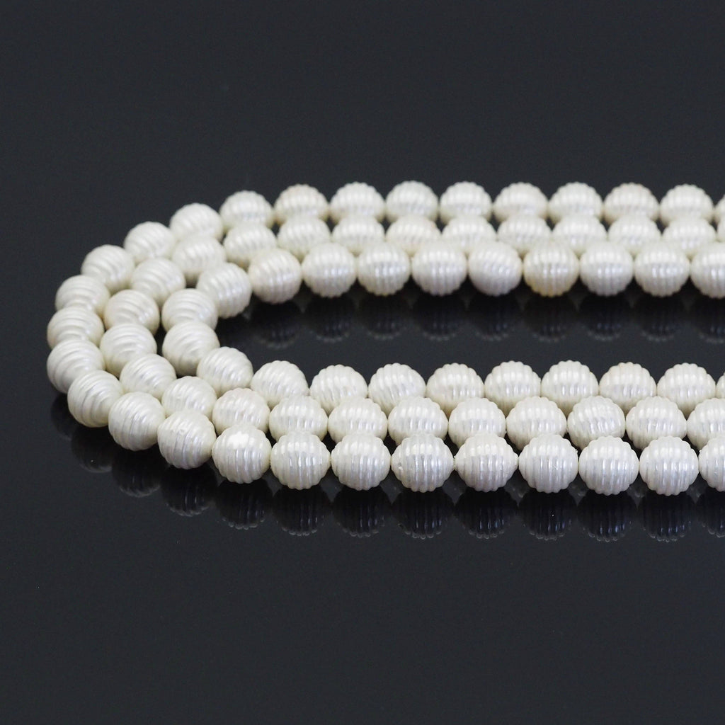 12mm White MOP Carved Ball Beads, Sku#T173