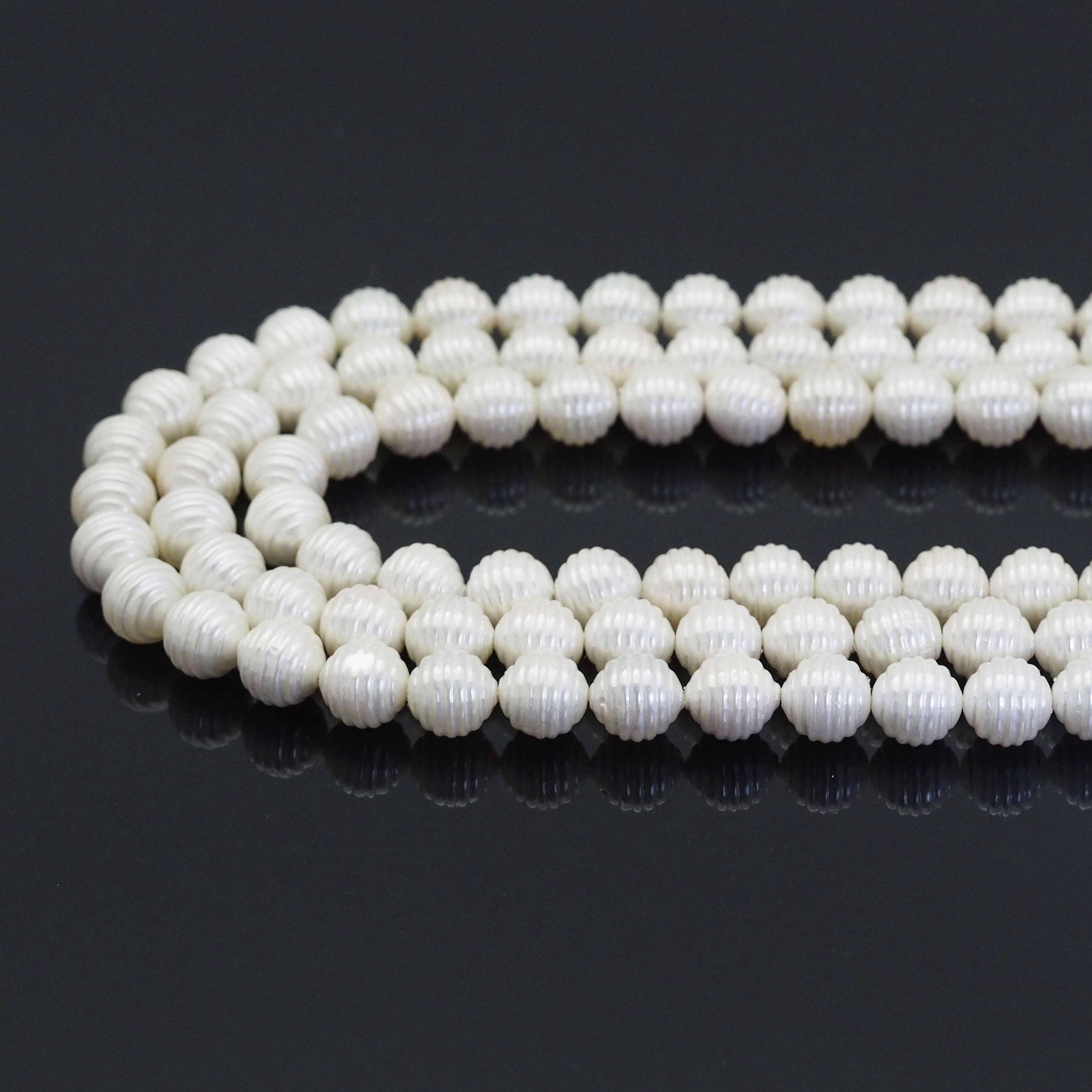 12mm White MOP Carved Ball Beads, Sku#T173