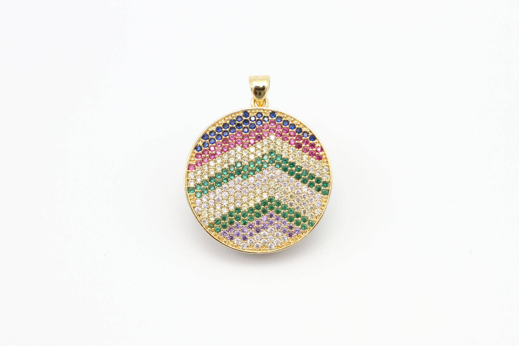 CZ Micro Pave Mixed Color Zigzag Round Disc Pendant, Cubic Zirconia Necklace Pendant, 25x31mm, sku#F3