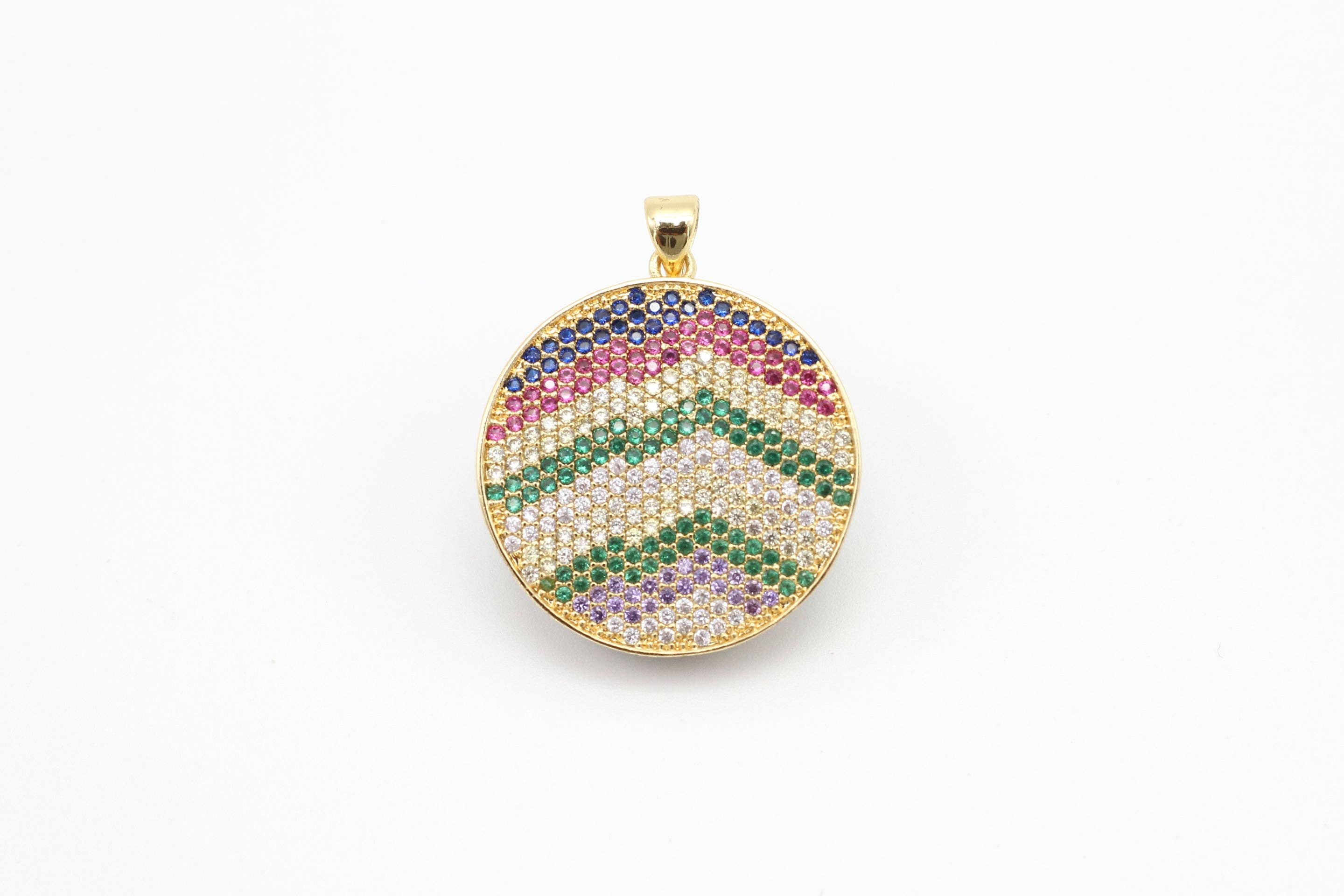 CZ Micro Pave Mixed Color Zigzag Round Disc Pendant, Cubic Zirconia Necklace Pendant, 25x31mm, sku#F3