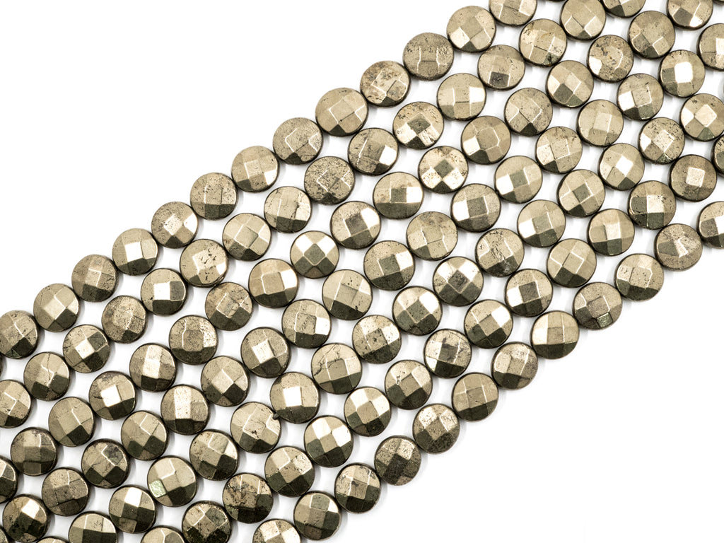 Quality Natural Pyrite Coin Beads, Faceted Flat Coin Pyrite Gemstone Beads, 8mm/10mm/12mm Coin Pyrite, 16" Full Strand, SKU#W12
