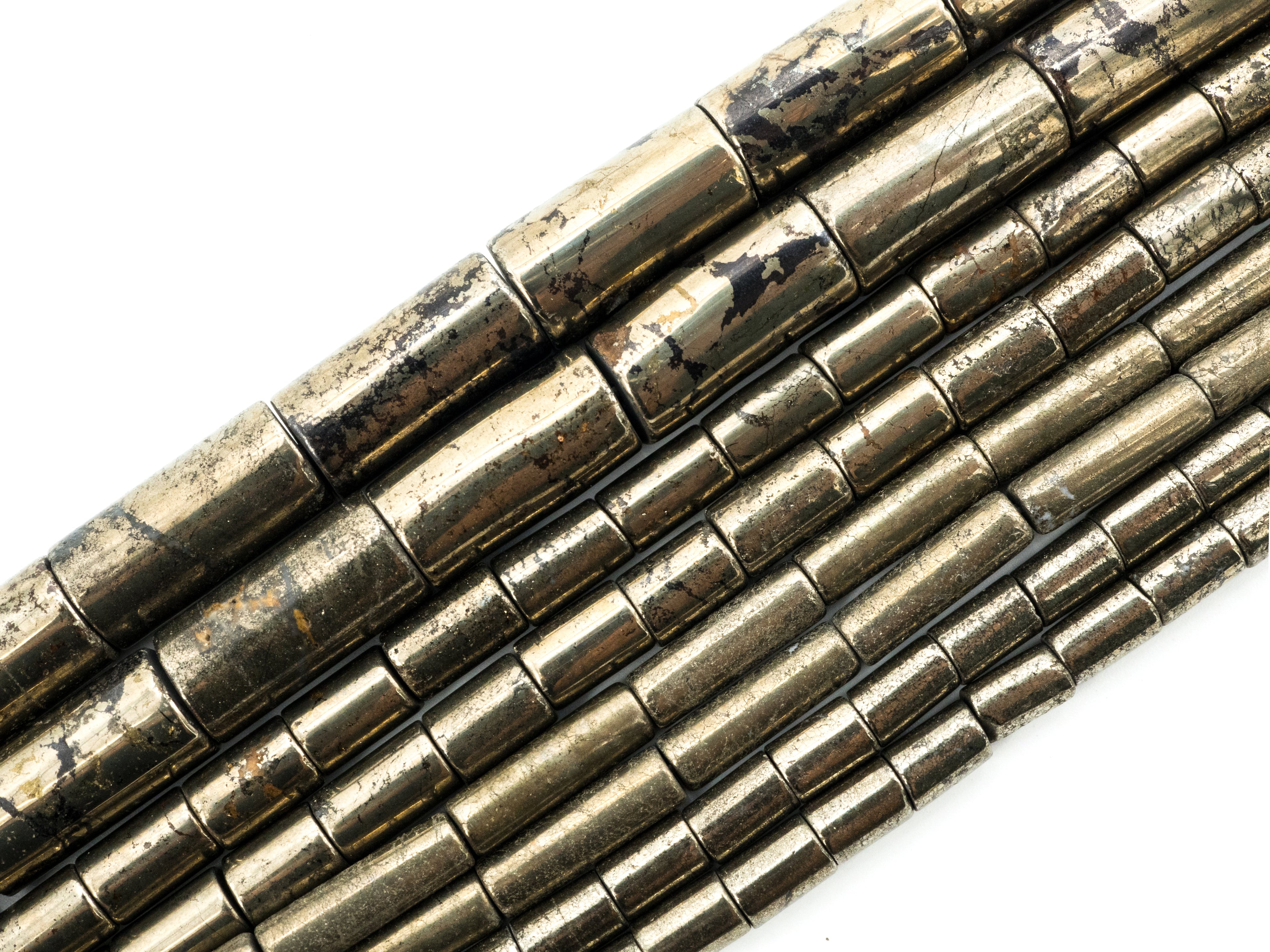 Quality Natural Pyrite CylinderTube Beads, 4x6mm/5x8mm/4x13mm/8x16mm Smooth Cylinder Pyrite Gemstone Beads, 15.5" Full Strand,  SKU#W20